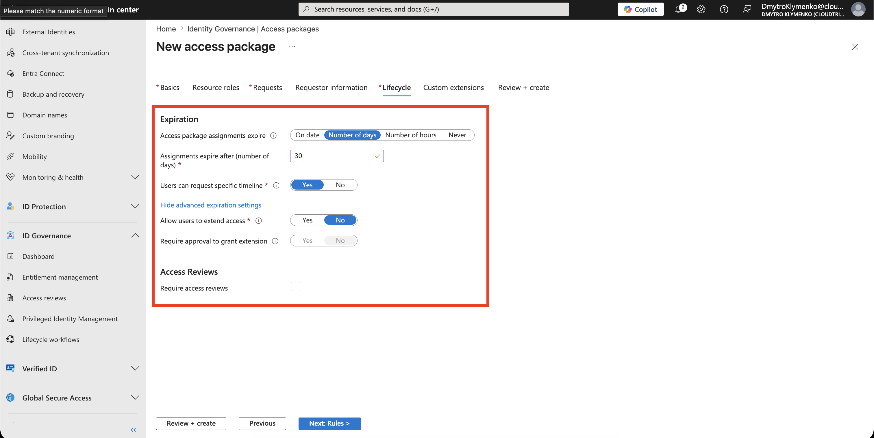 Access package Lifecycle tab showing assignment expiration after 30 days