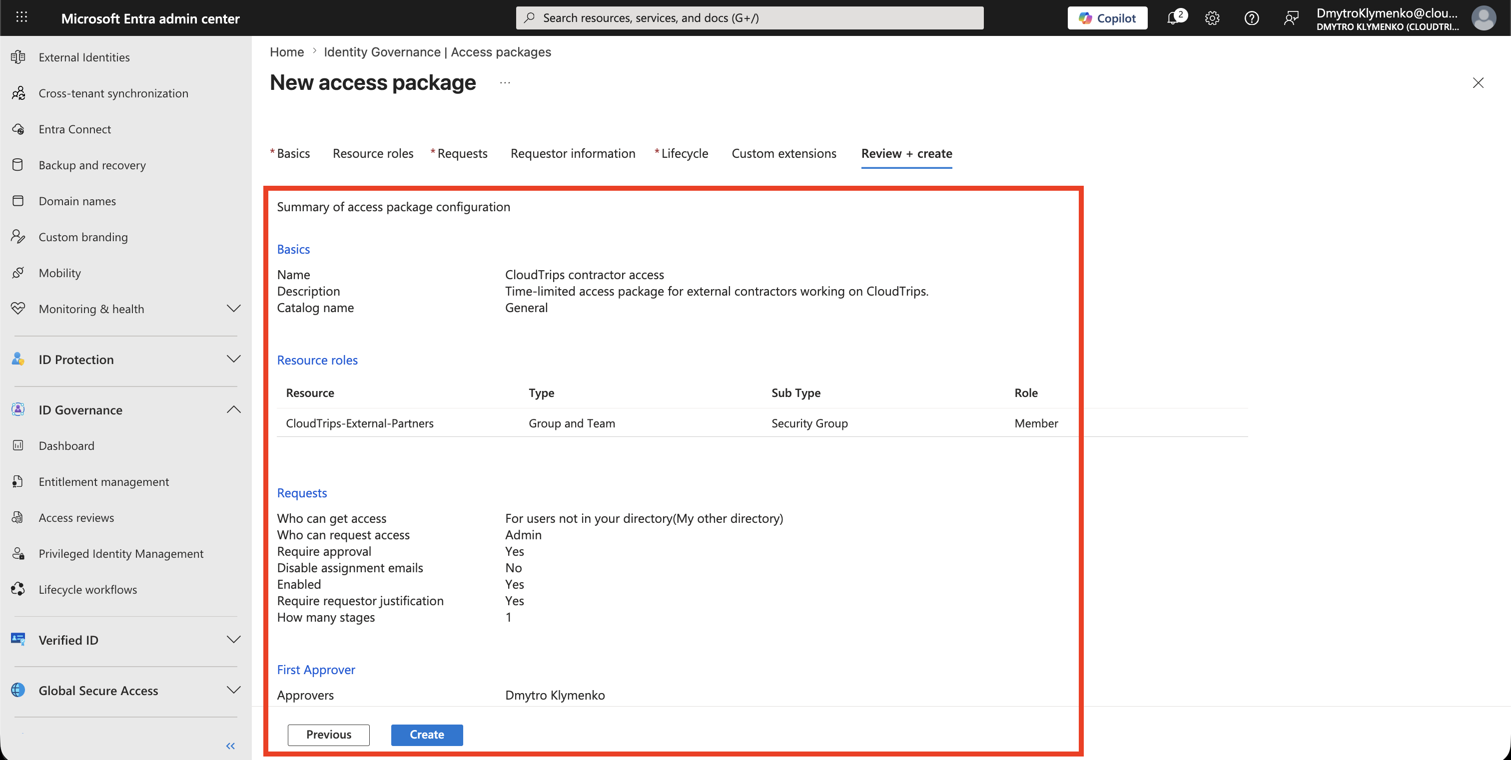 Access package Review and create tab showing package summary and Create button