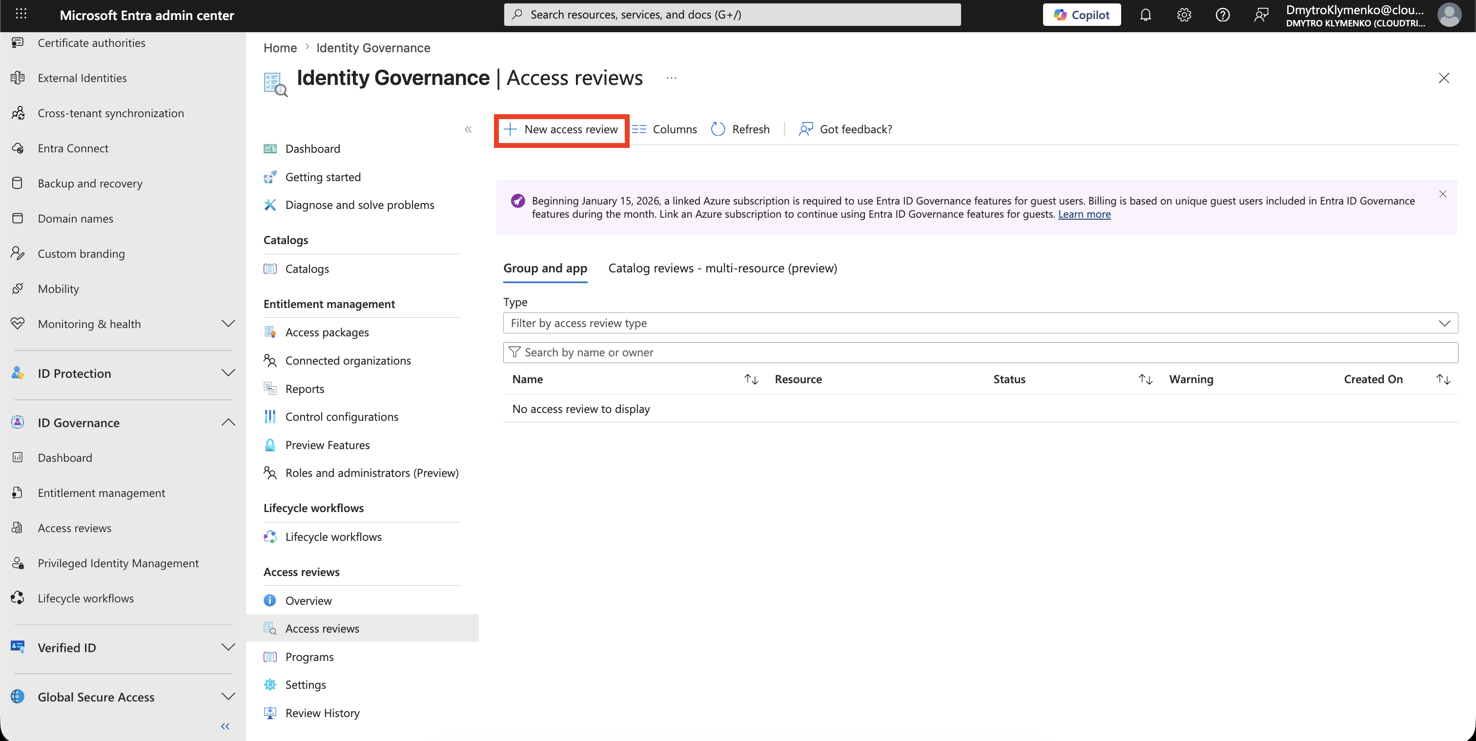 Microsoft Entra ID Governance Access Reviews page showing New access review