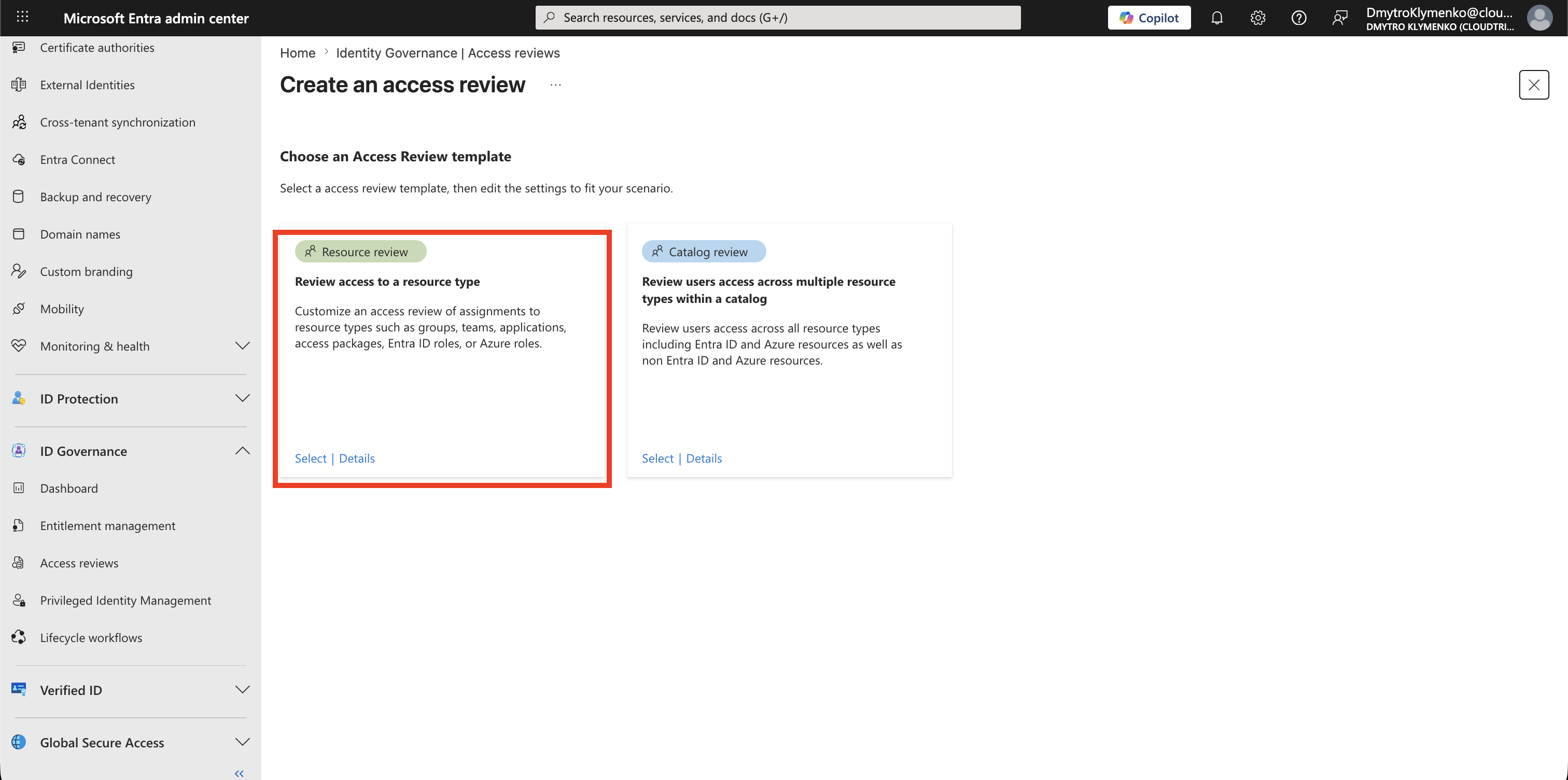 Access review template page showing Review access to a resource type