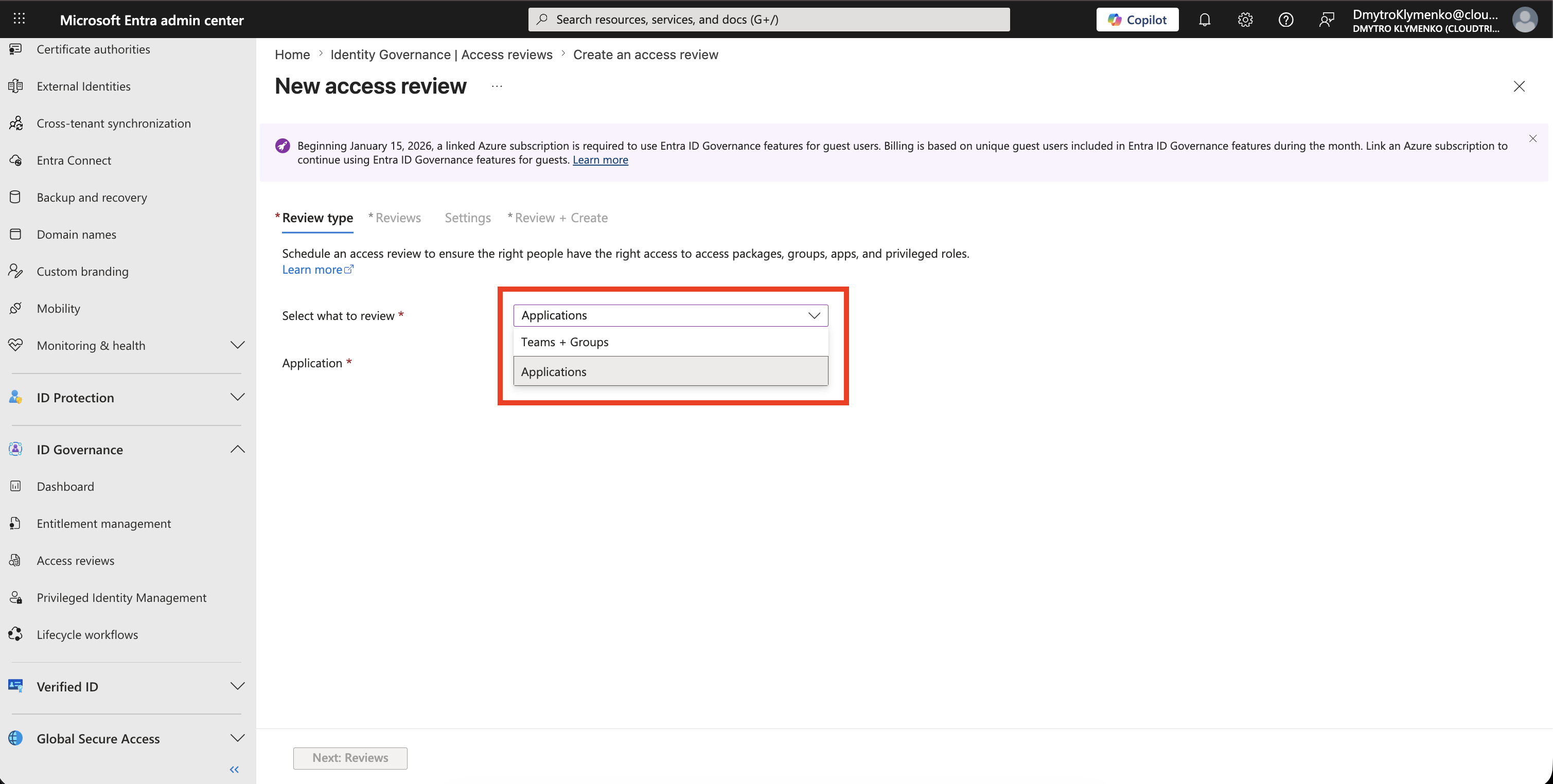 Access review scope page showing a selected group for guest access review