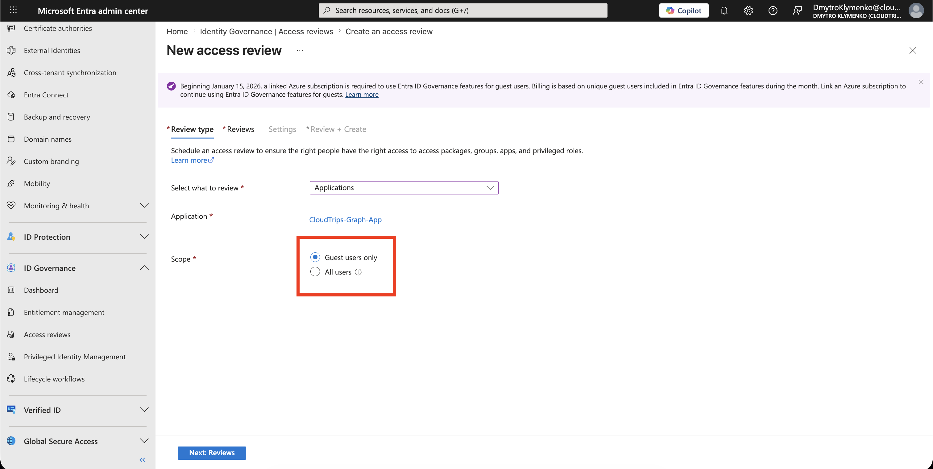 Access review scope settings showing Guest users only selected