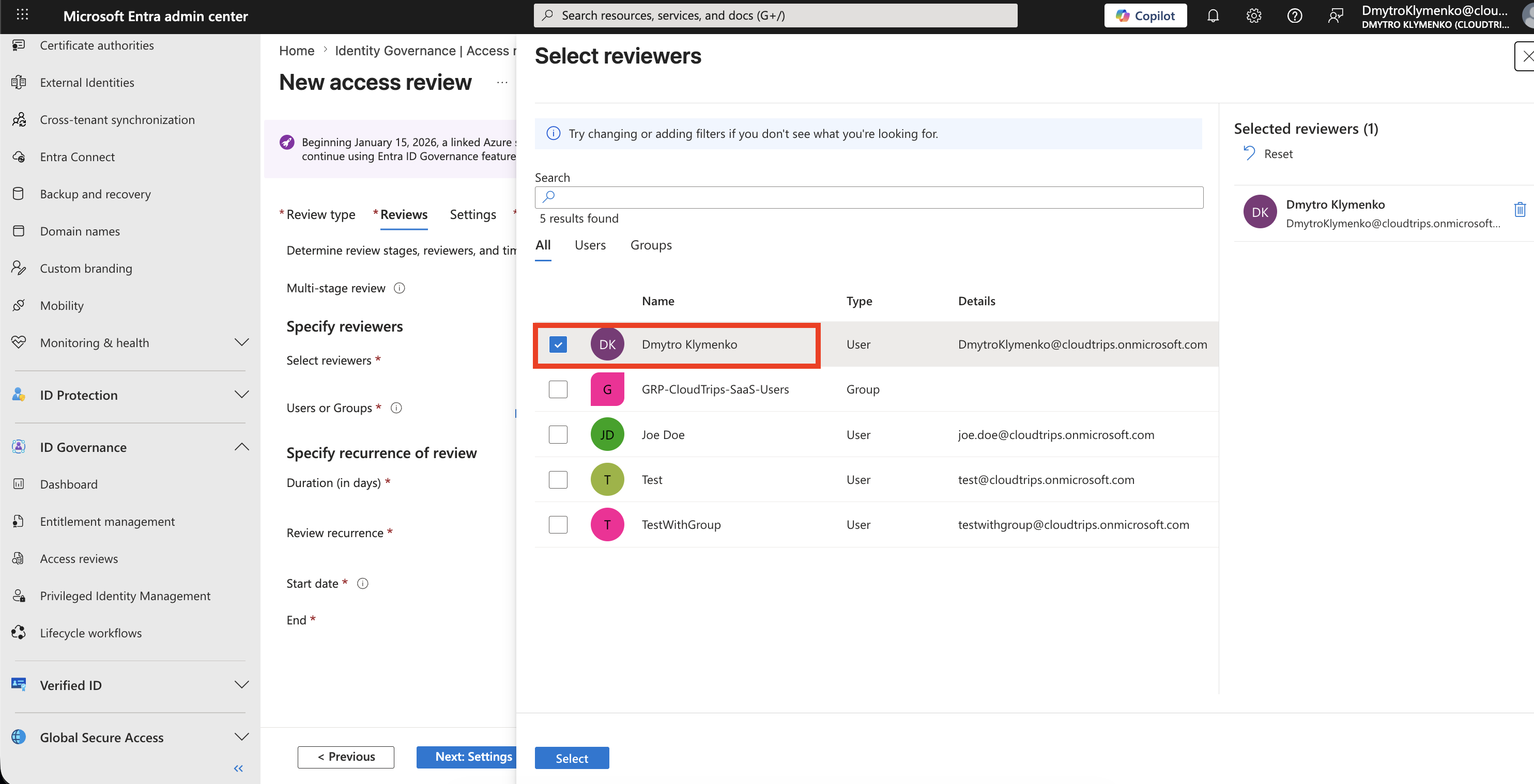 Access review reviewer settings showing selected users or groups with the current administrator selected
