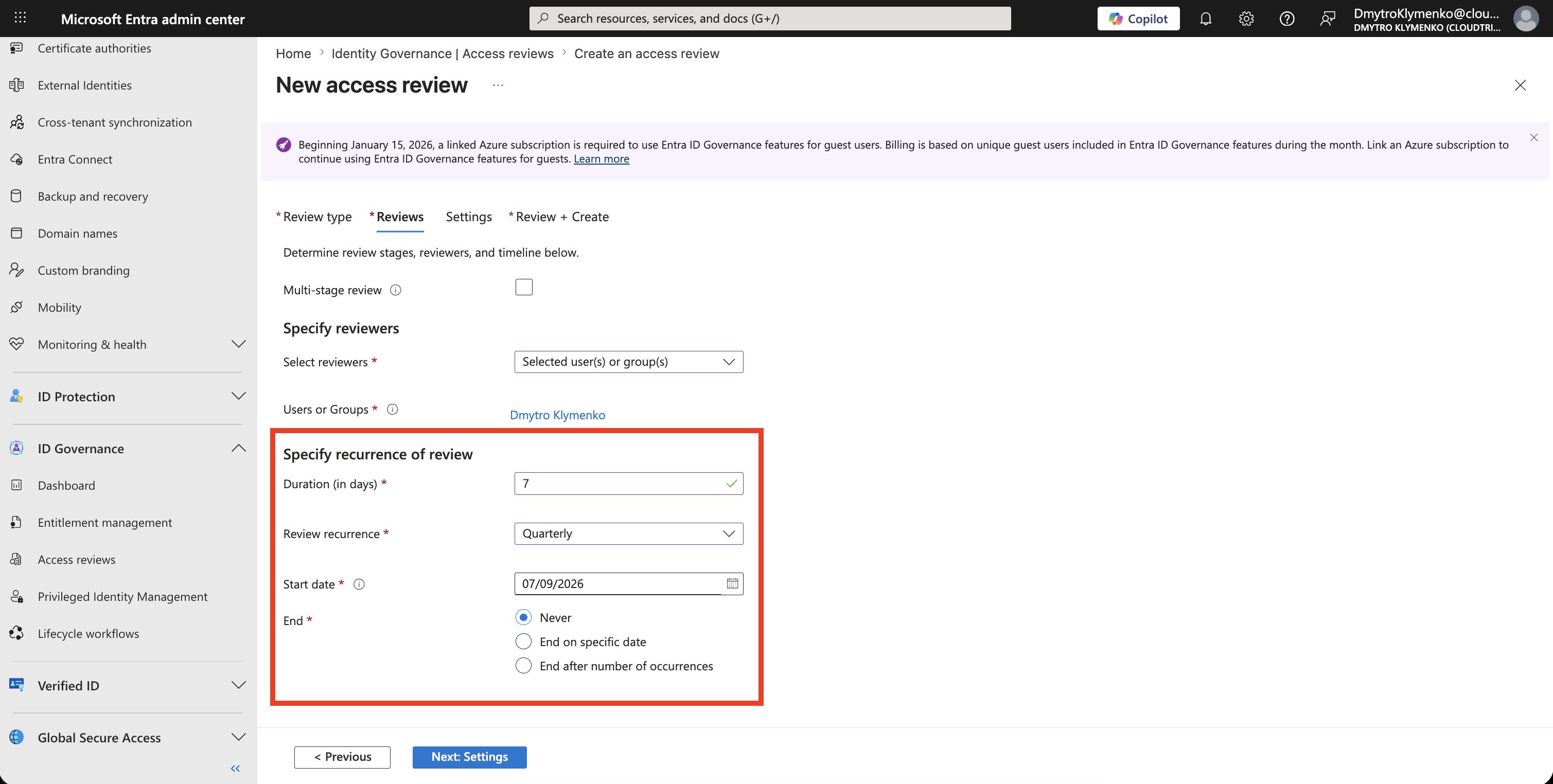 Access review recurrence settings showing quarterly review schedule