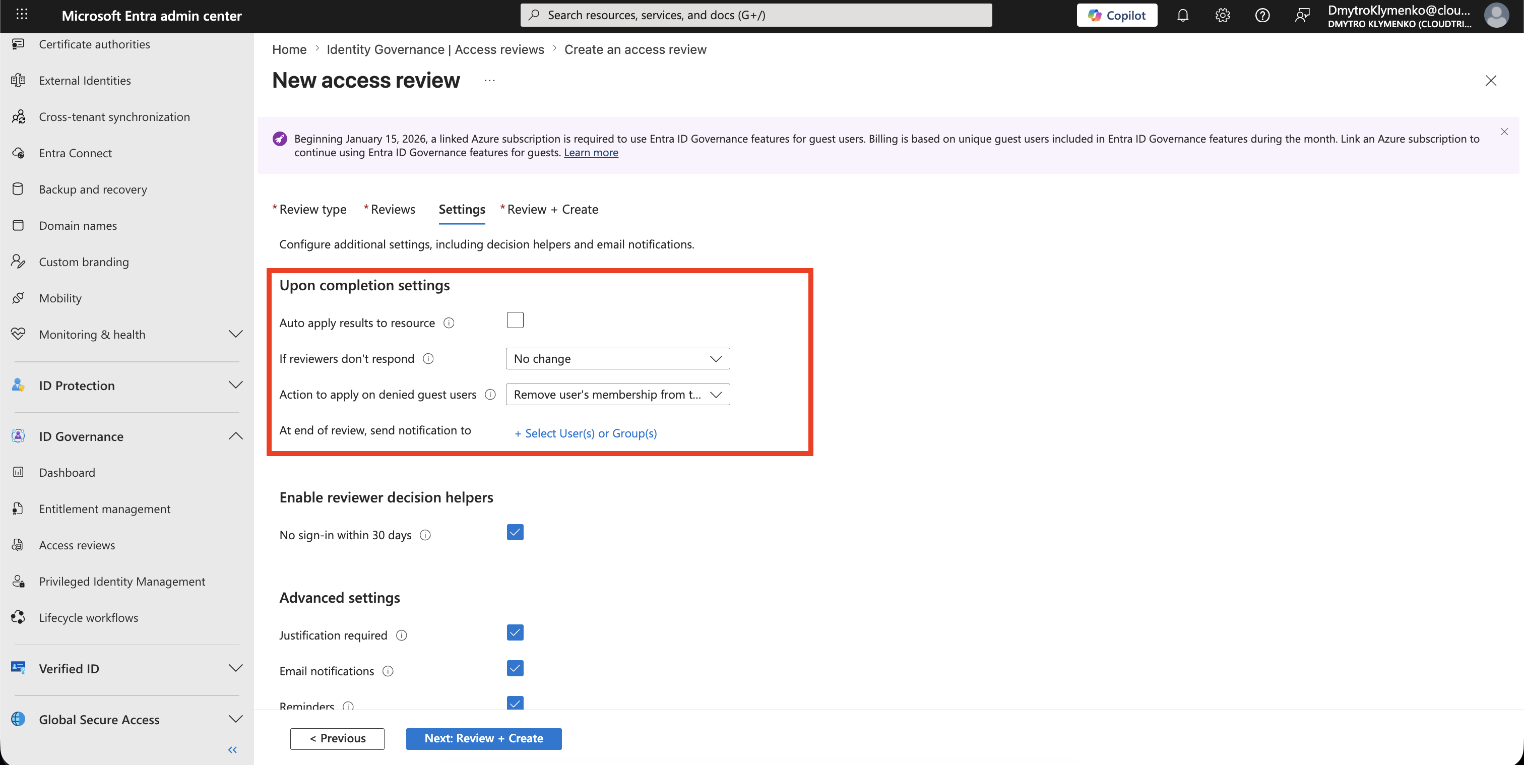 Access review completion settings showing auto apply and denied guest user action