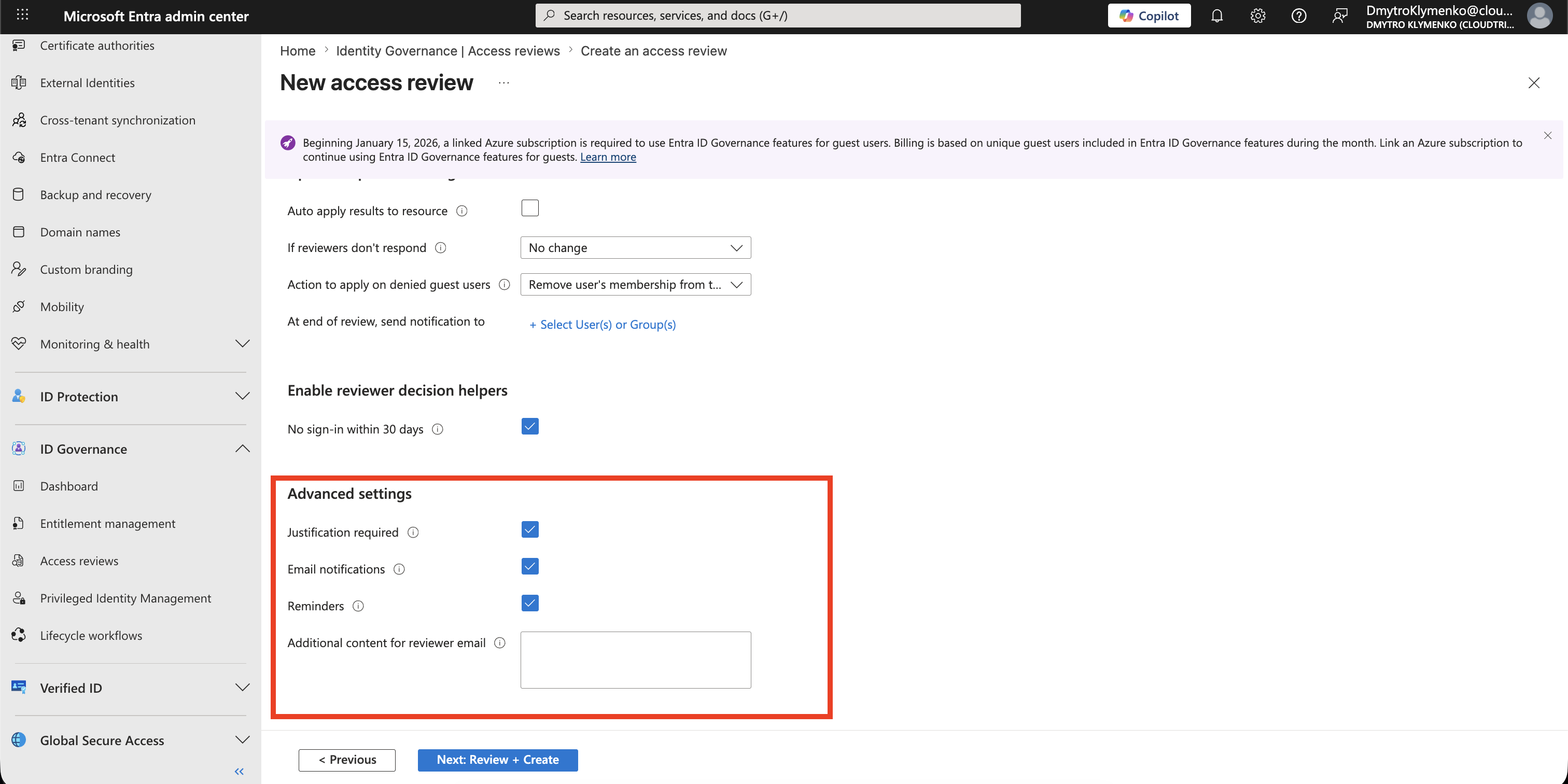 Access review advanced settings showing justification, notifications, and reminders