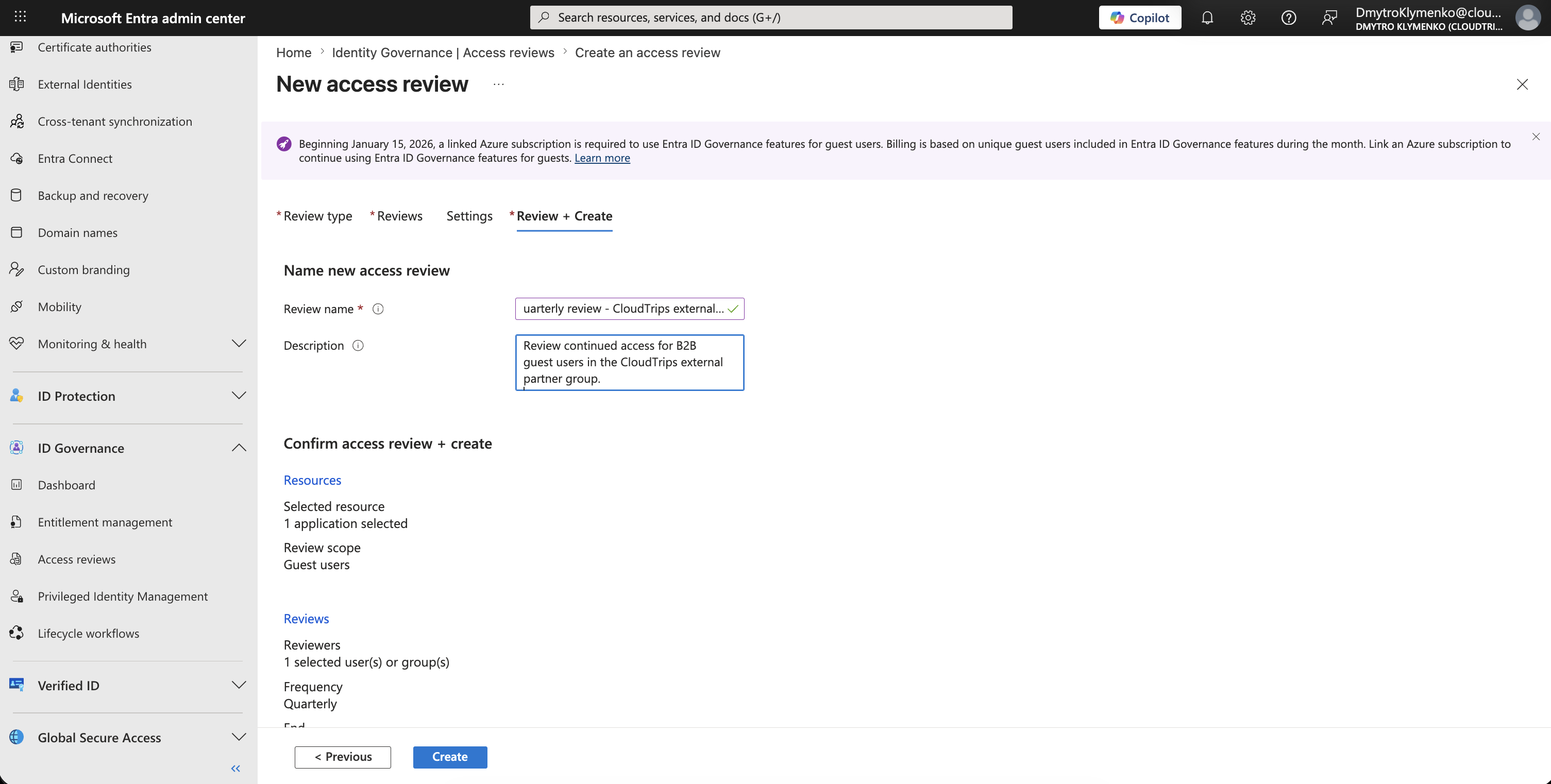 Review and create page showing the access review summary and Create button