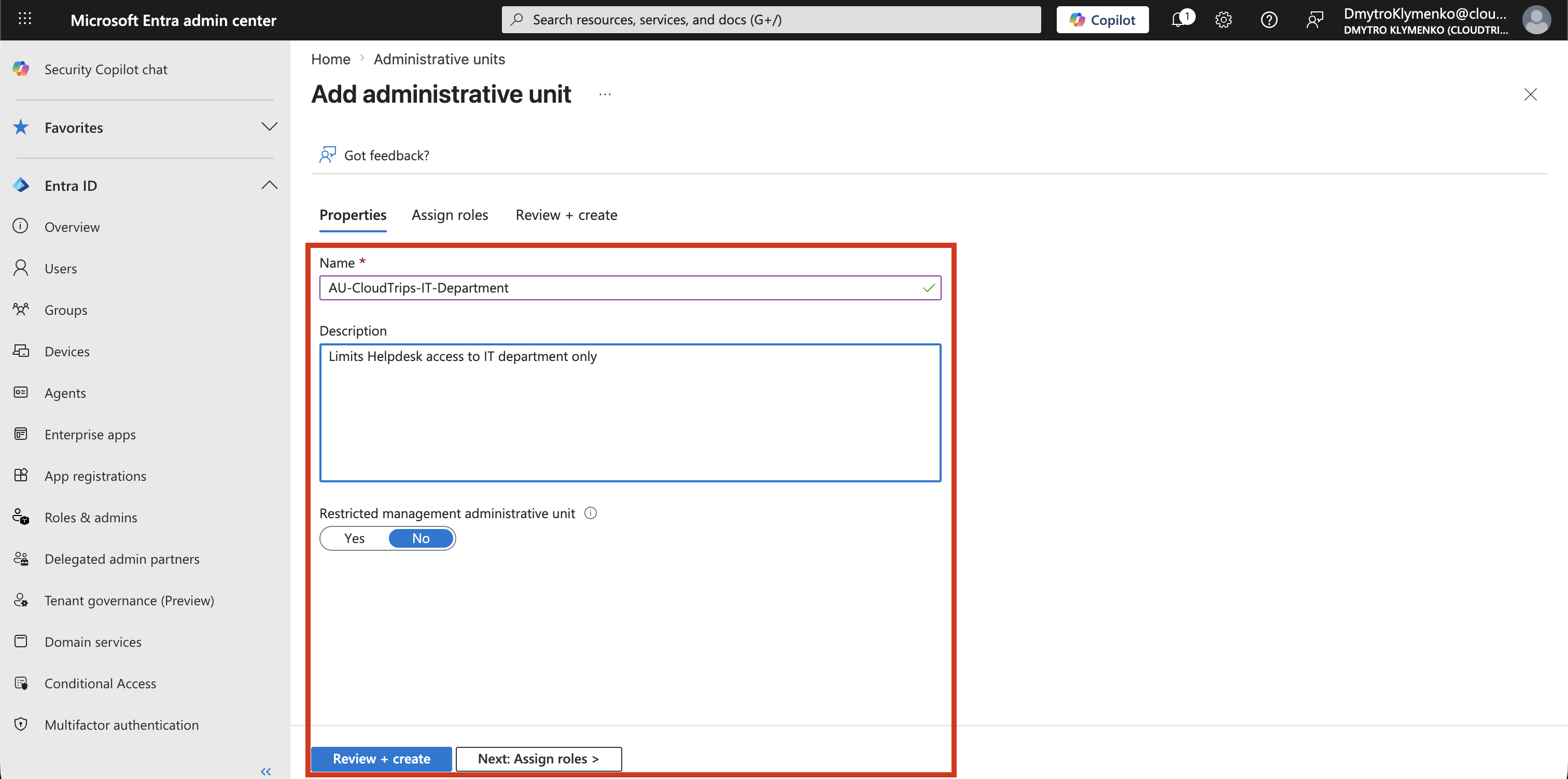 Microsoft Entra Administrative Unit creation form with name and description fields