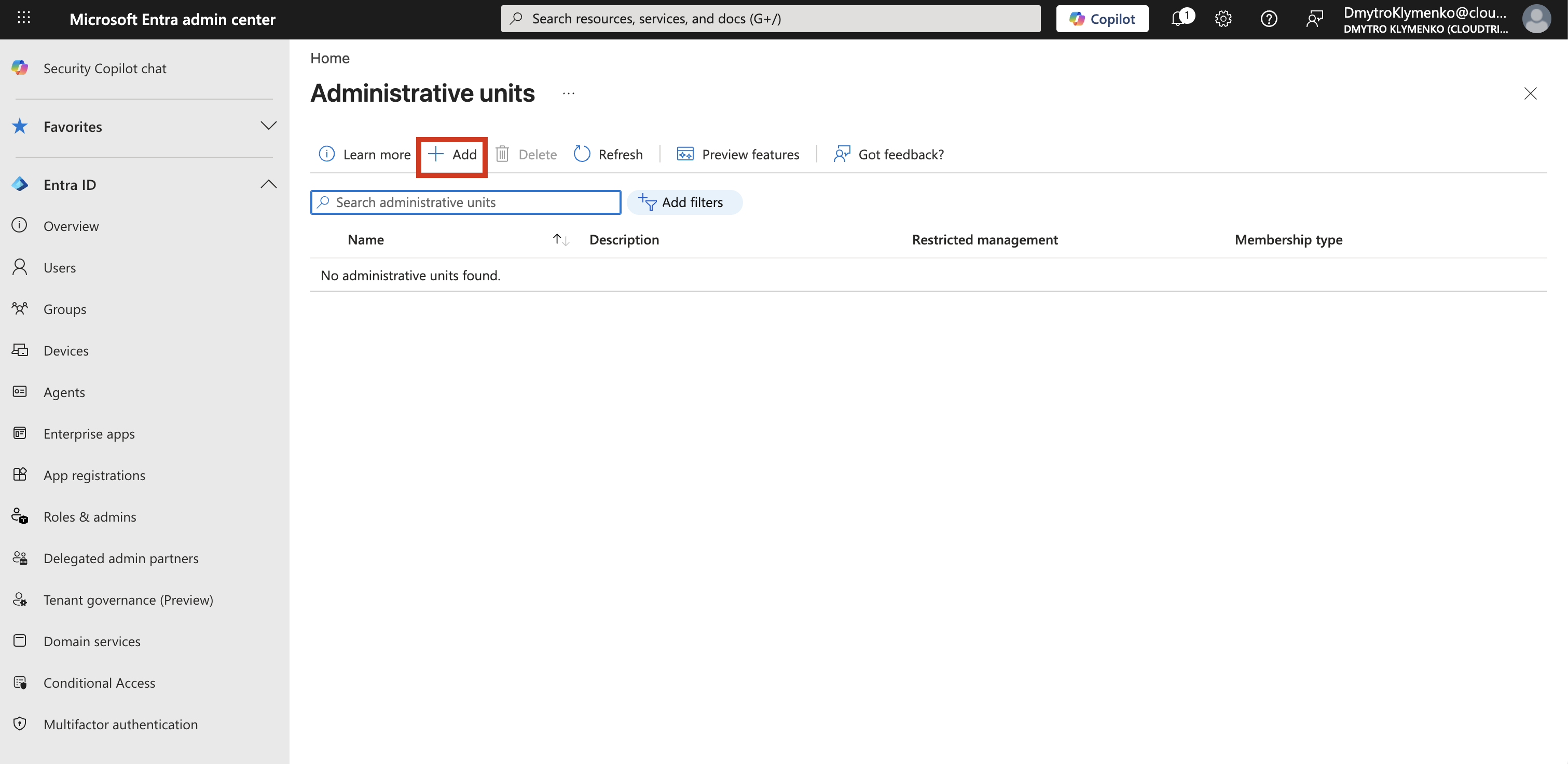 Microsoft Entra Administrative Units overview page showing existing units and the New administrative unit button