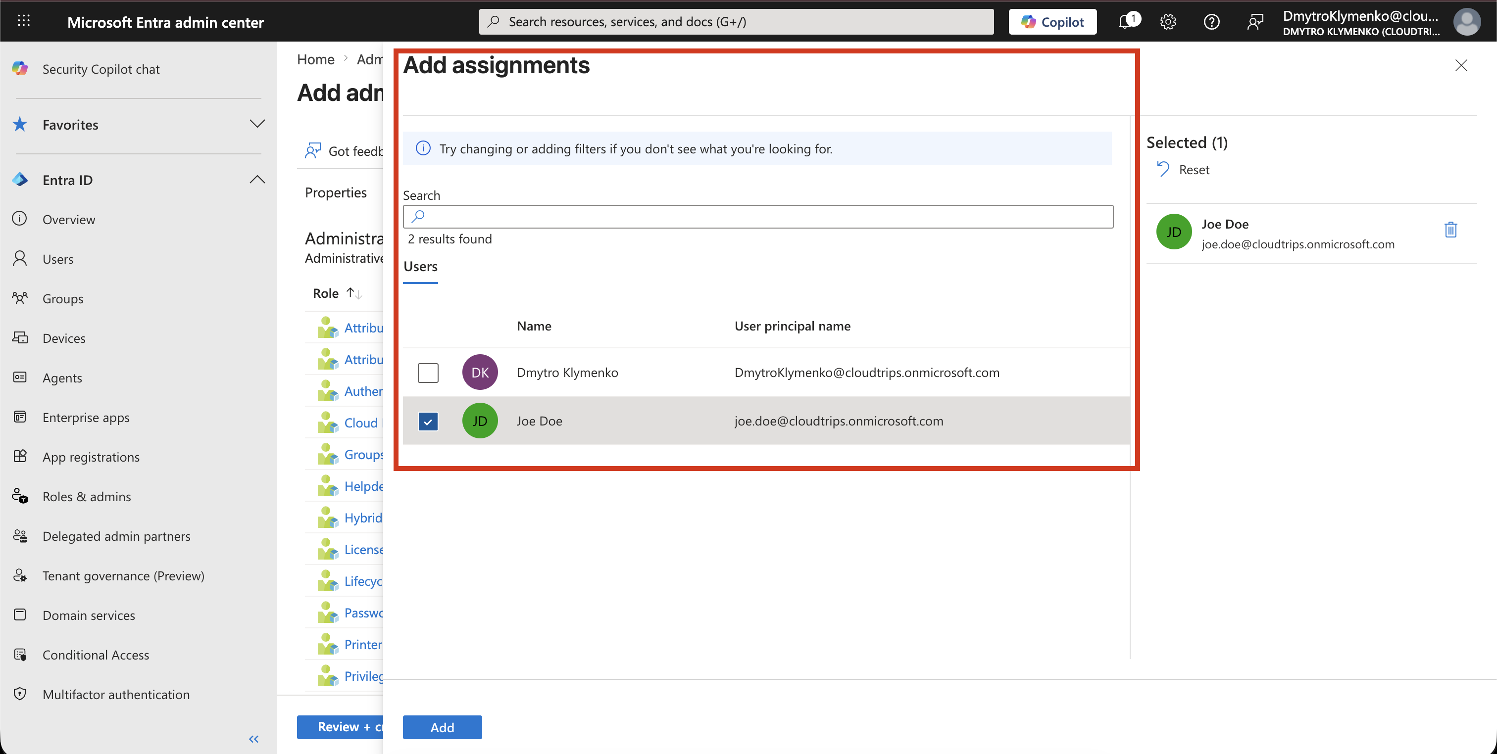 Microsoft Entra role assignment screen showing Joe Doe and Administrative Unit scope confirmation