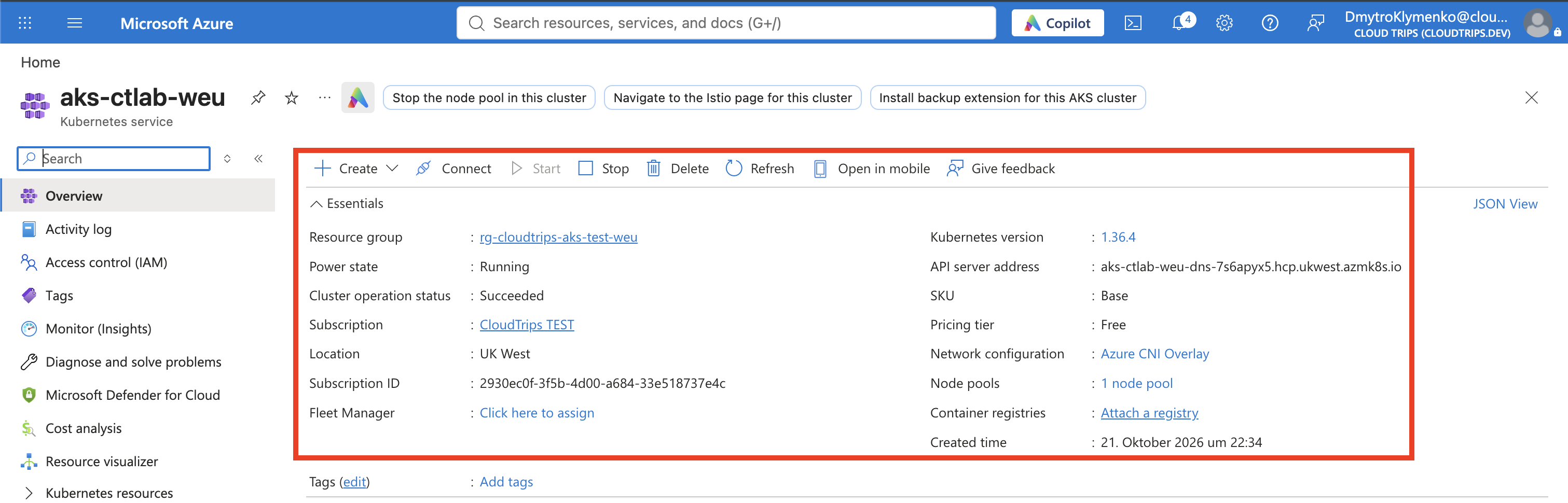 AKS review page showing UK West, Free management tier, and the two-node system pool.