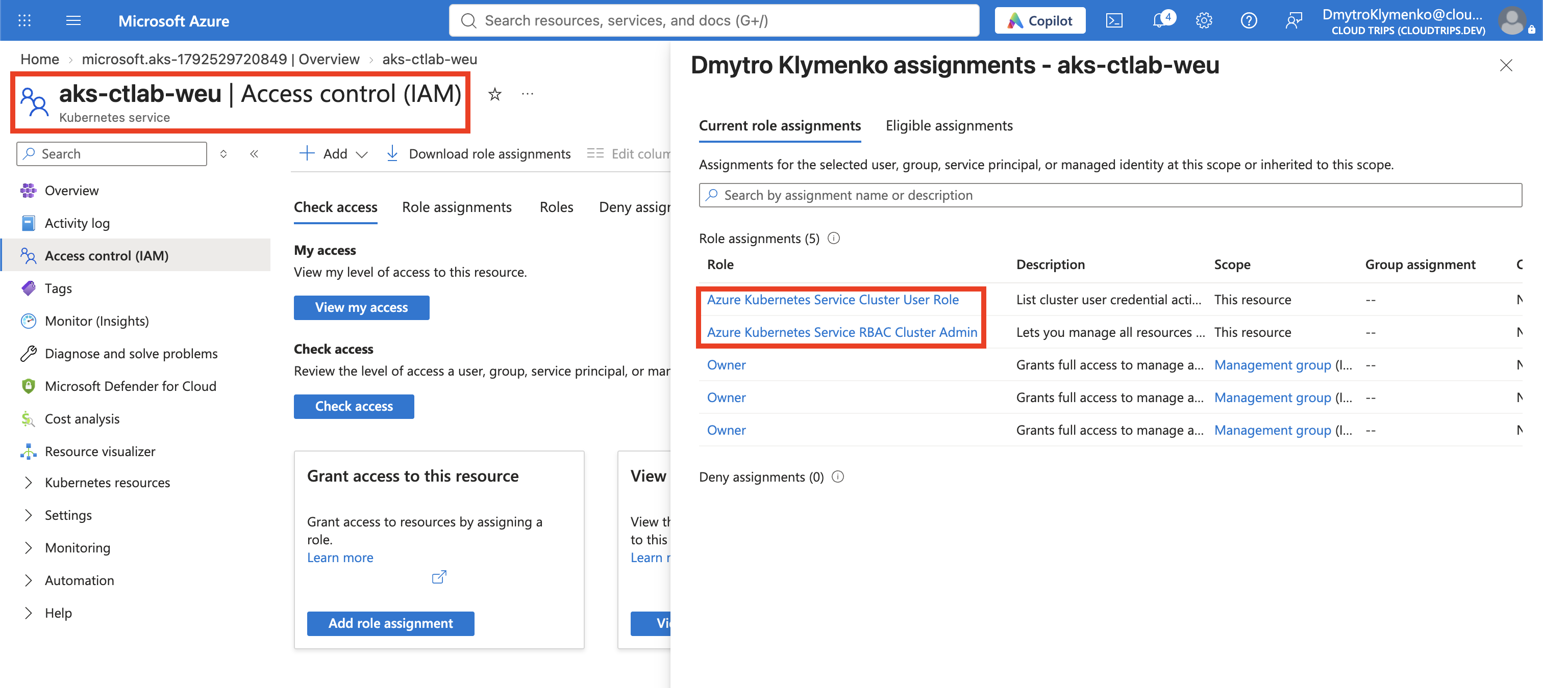 AKS IAM role assignments showing the user’s Kubernetes access roles.