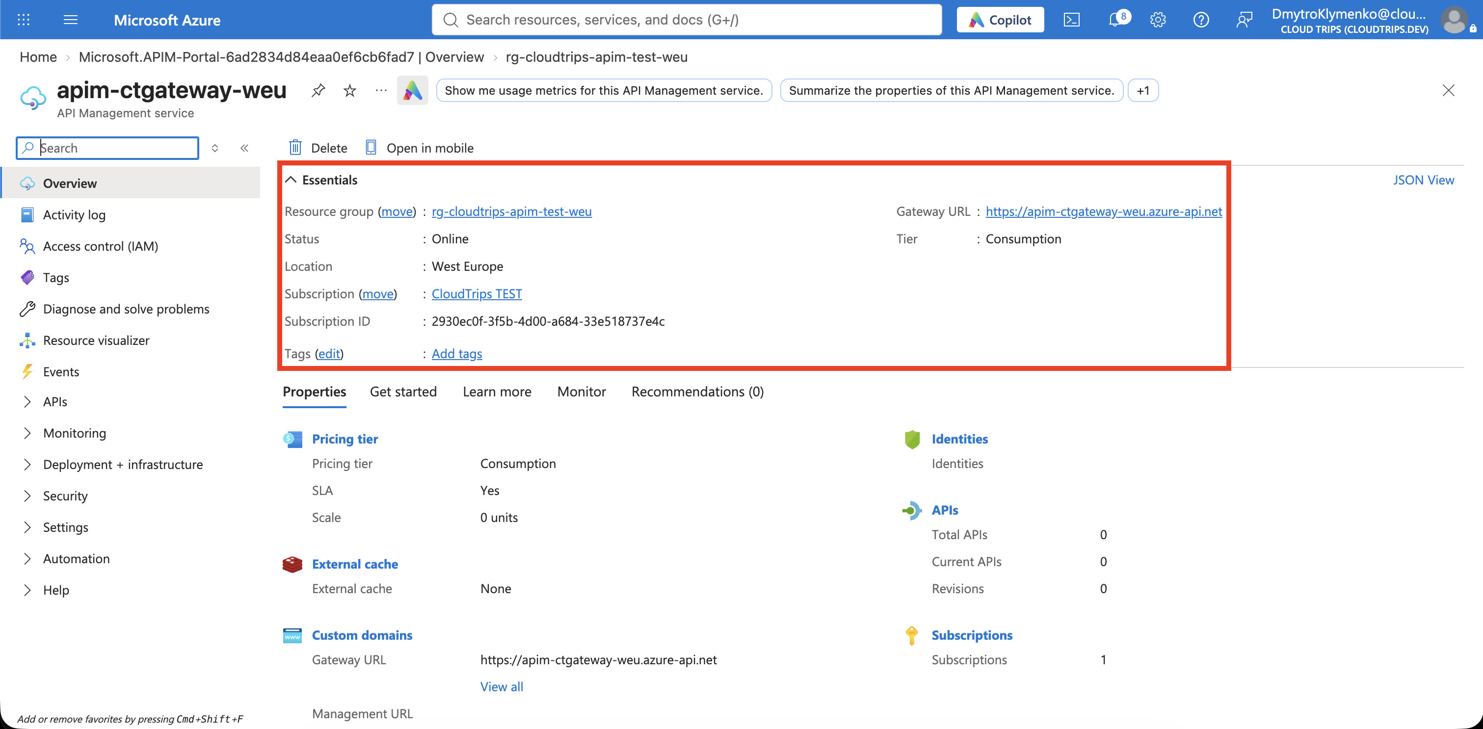 API-Management-Übersicht mit Consumption-Tarif und Gateway-URL.