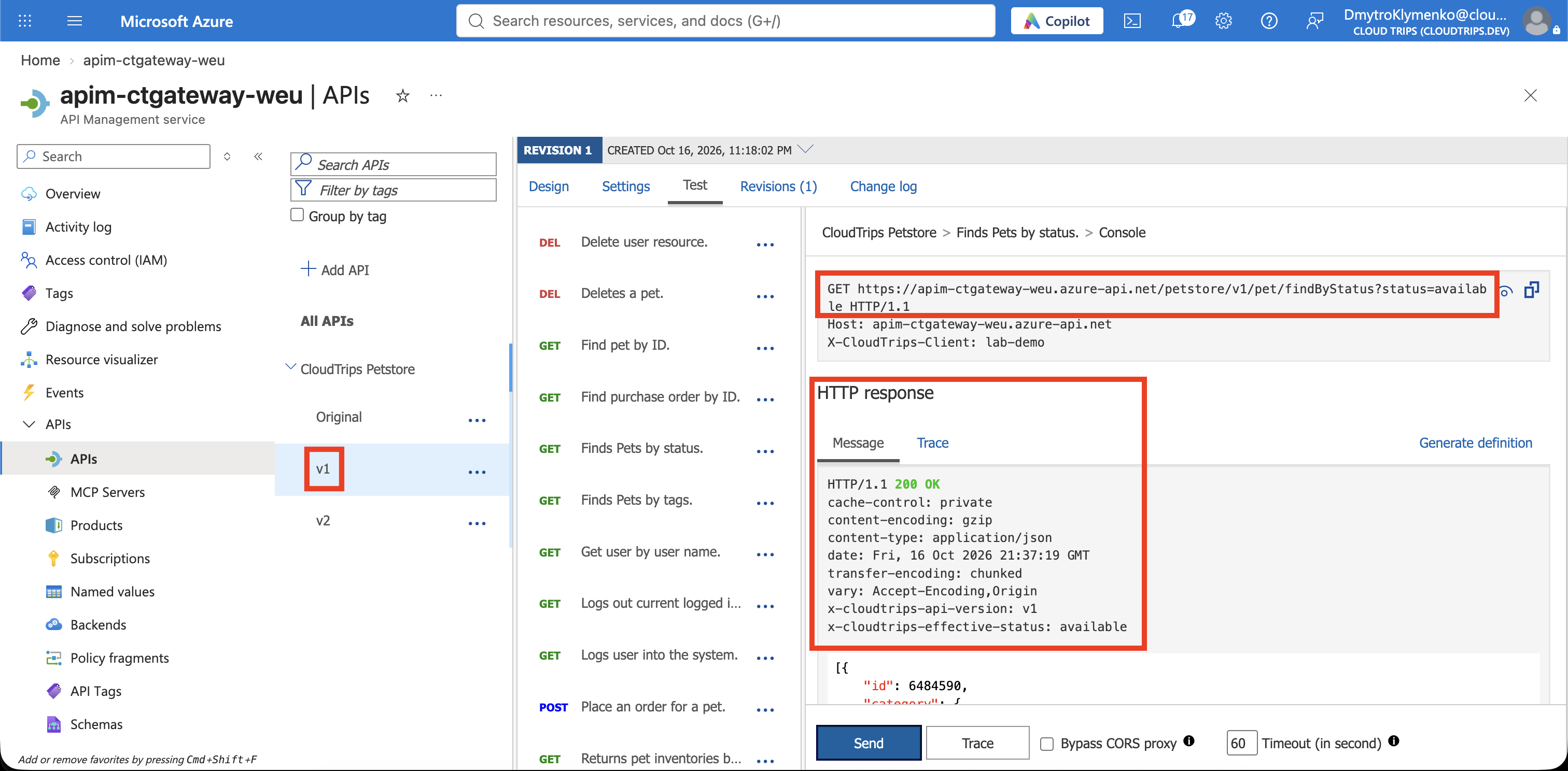Successful v1 test showing its versioned request URL and X-CloudTrips-API-Version v1 response header.