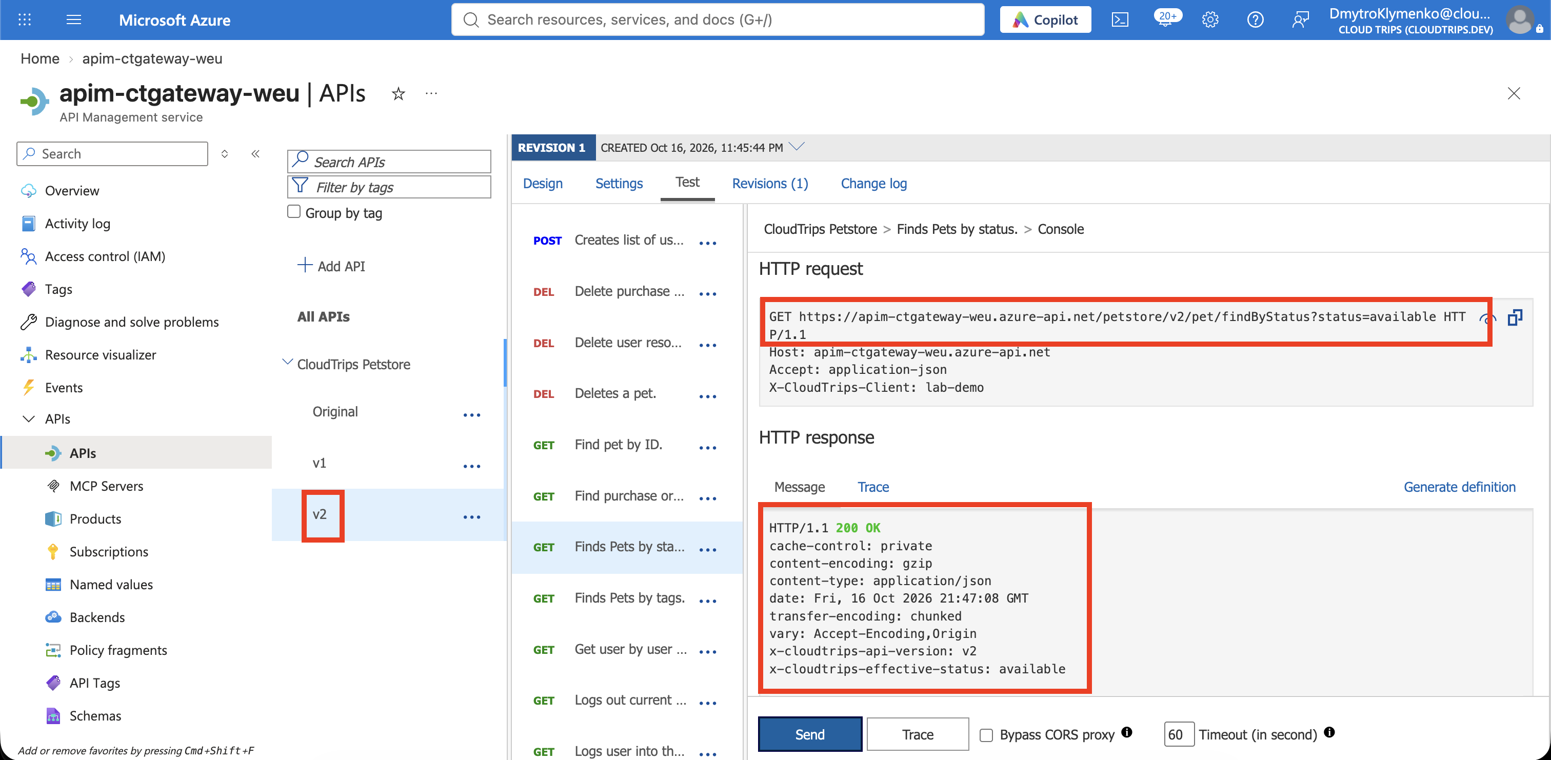 Successful v2 test showing its versioned request URL and X-CloudTrips-API-Version v2 response header.
