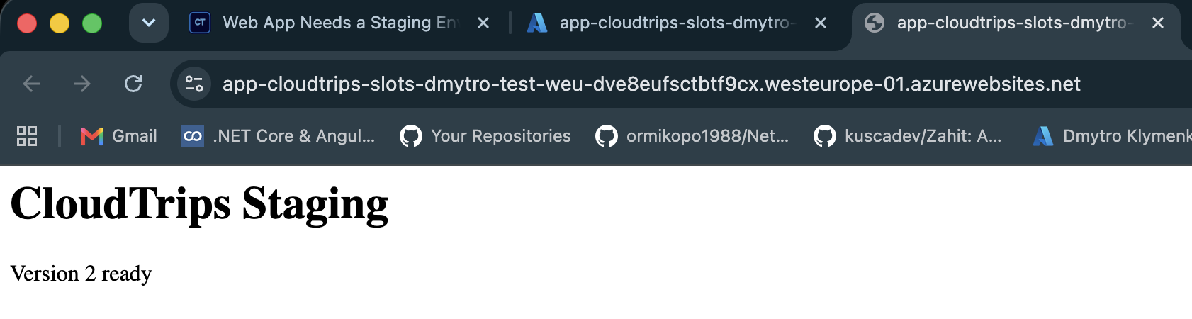 Browser showing Version 2 at the production hostname after the slot swap