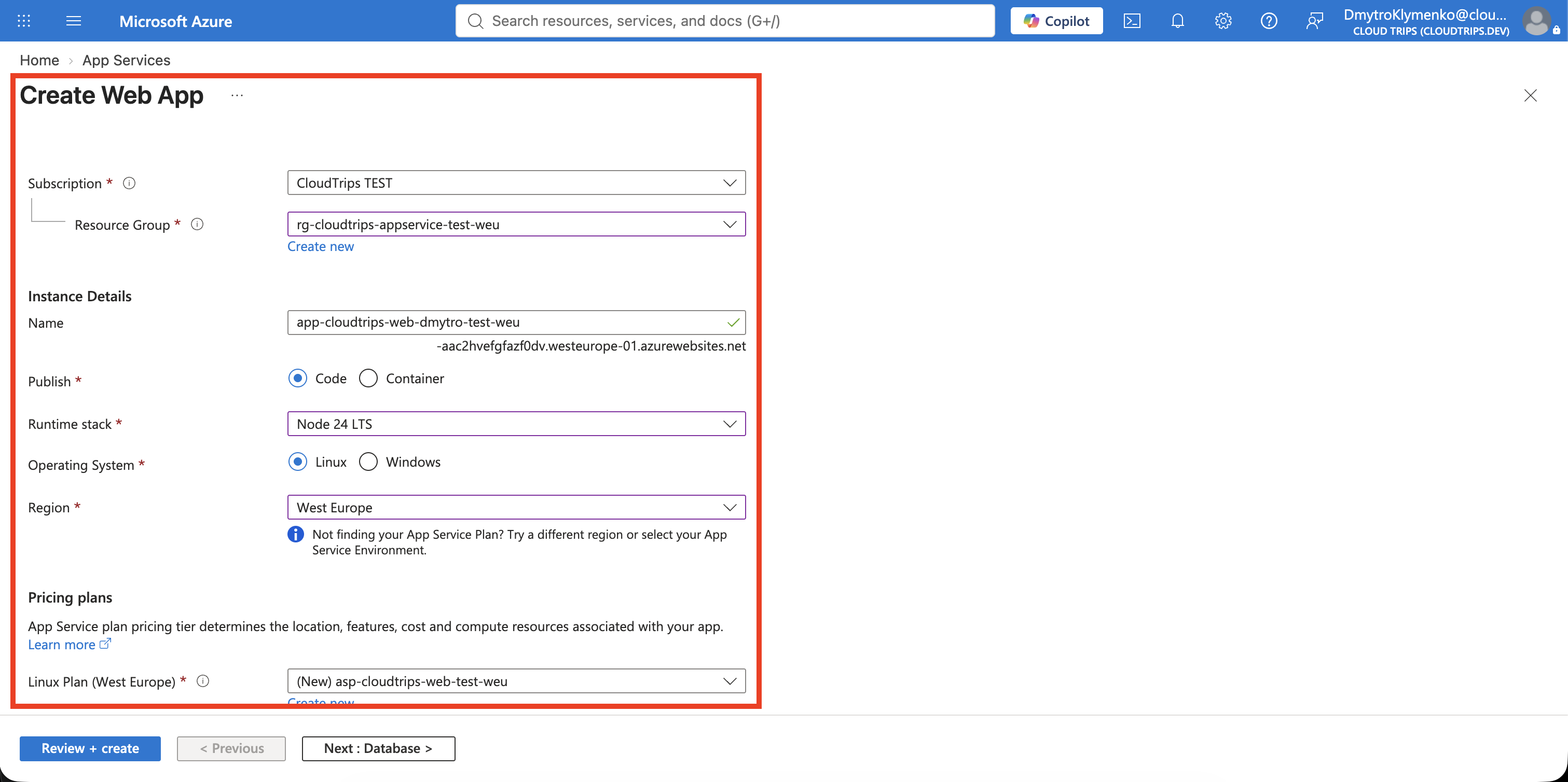 Create Web App Basics tab showing the Node 24 LTS Linux app and Free F1 App Service plan