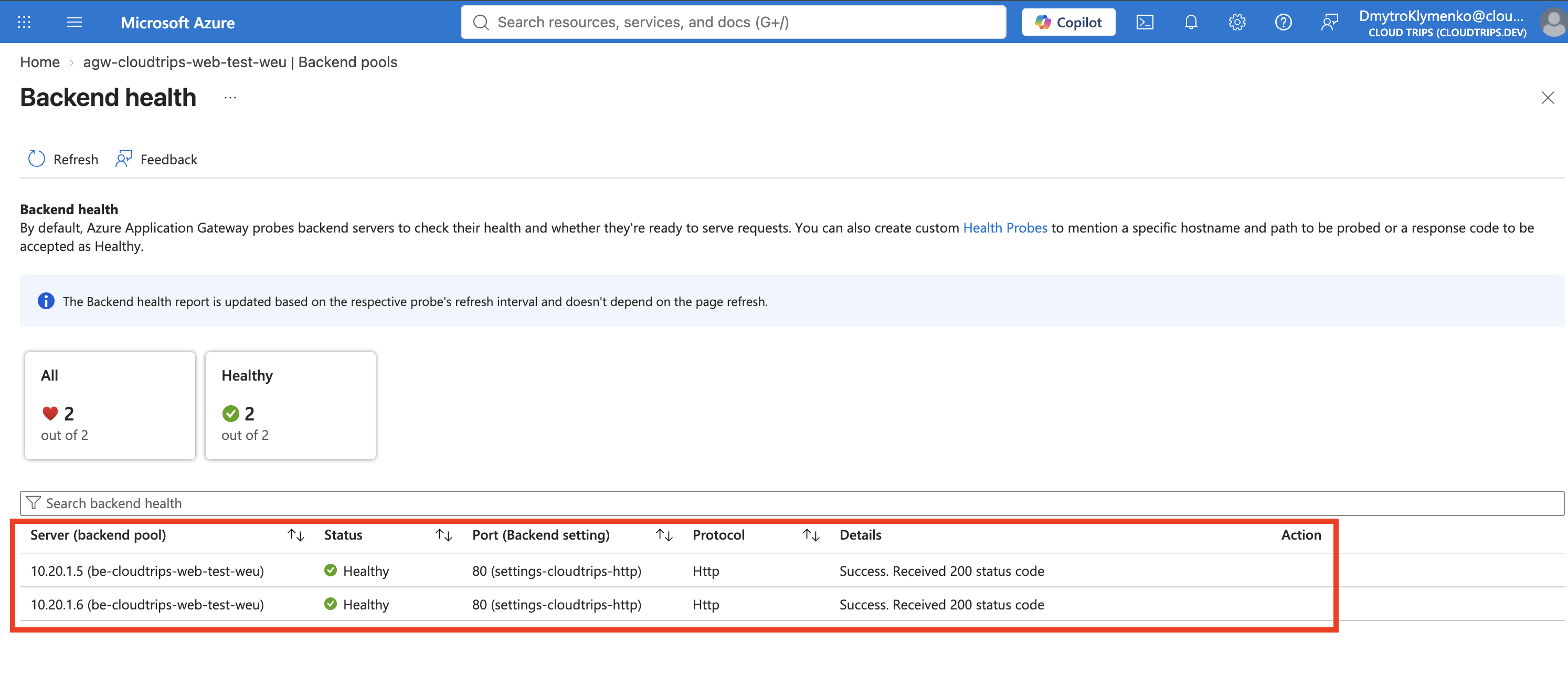Application Gateway Backend health page showing both private CloudTrips web servers as healthy