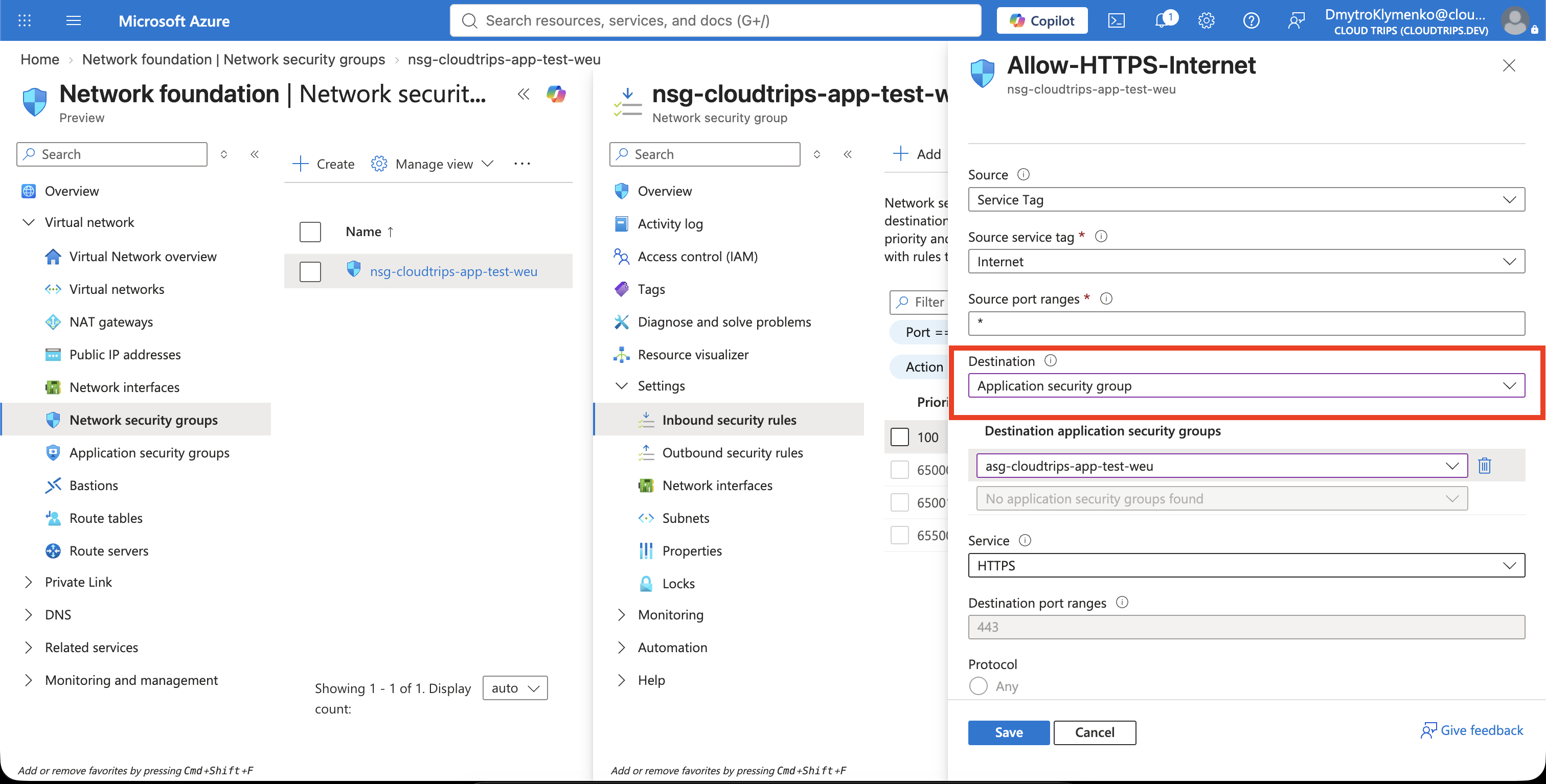 Bearbeitete HTTPS-NSG-Regel mit der CloudTrips Application Security Group anstelle des Subnetzbereichs als Ziel