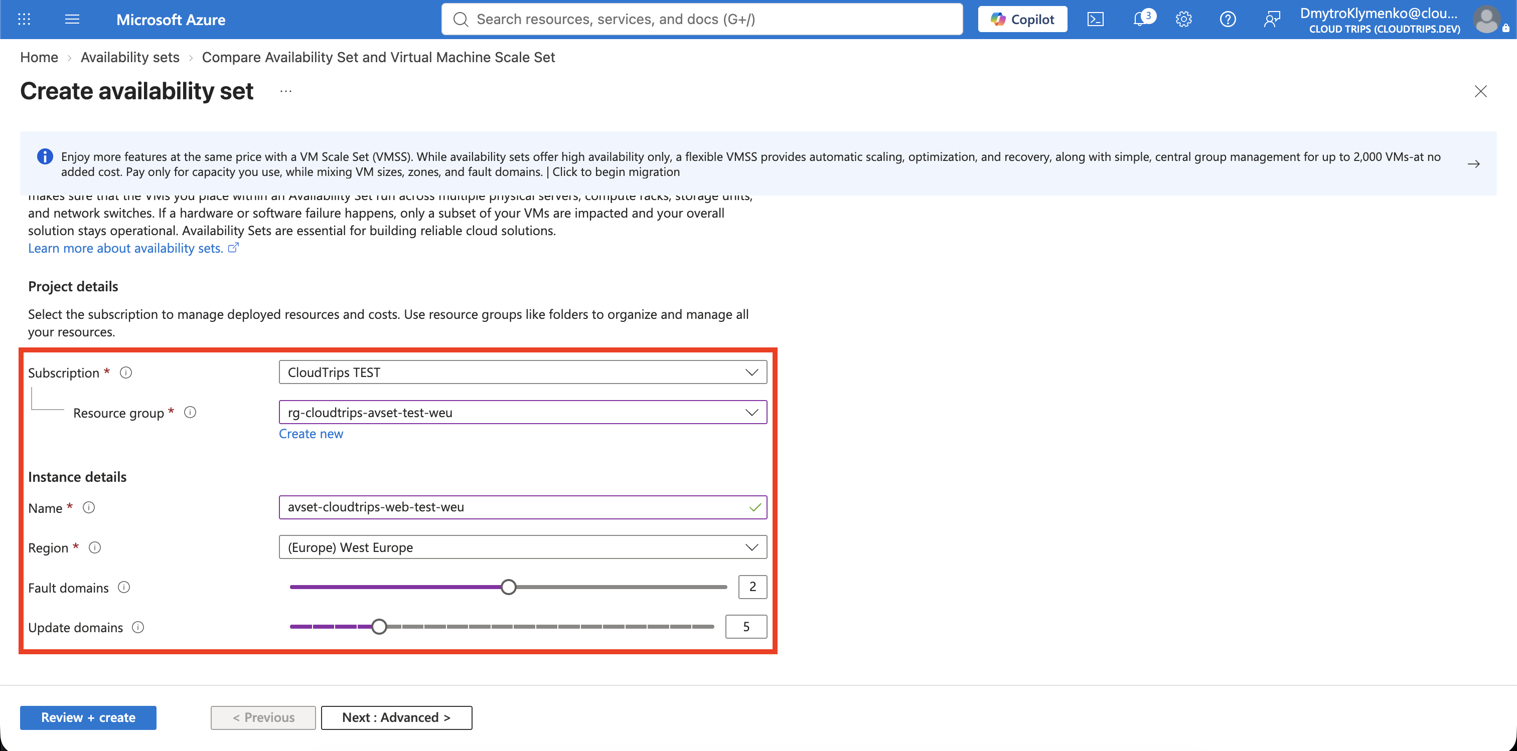 Create availability set page with two fault domains, five update domains, and managed disks
