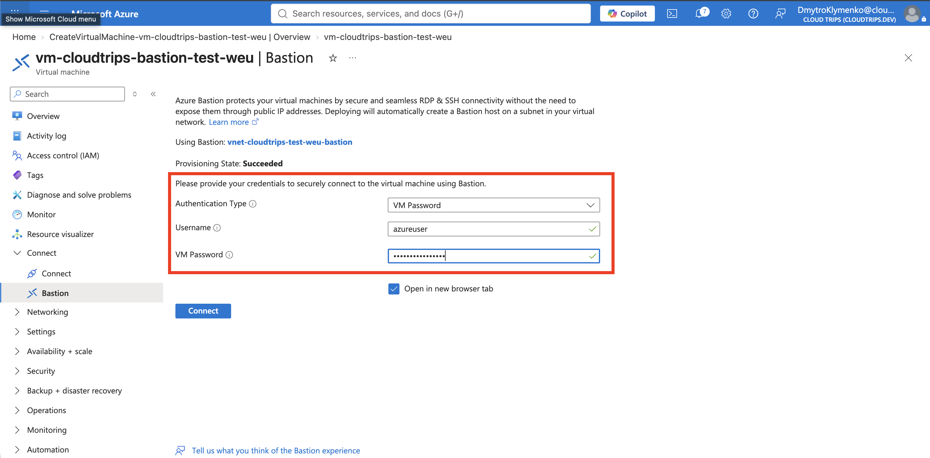 Azure Bastion connection page configured for the private CloudTrips Linux VM