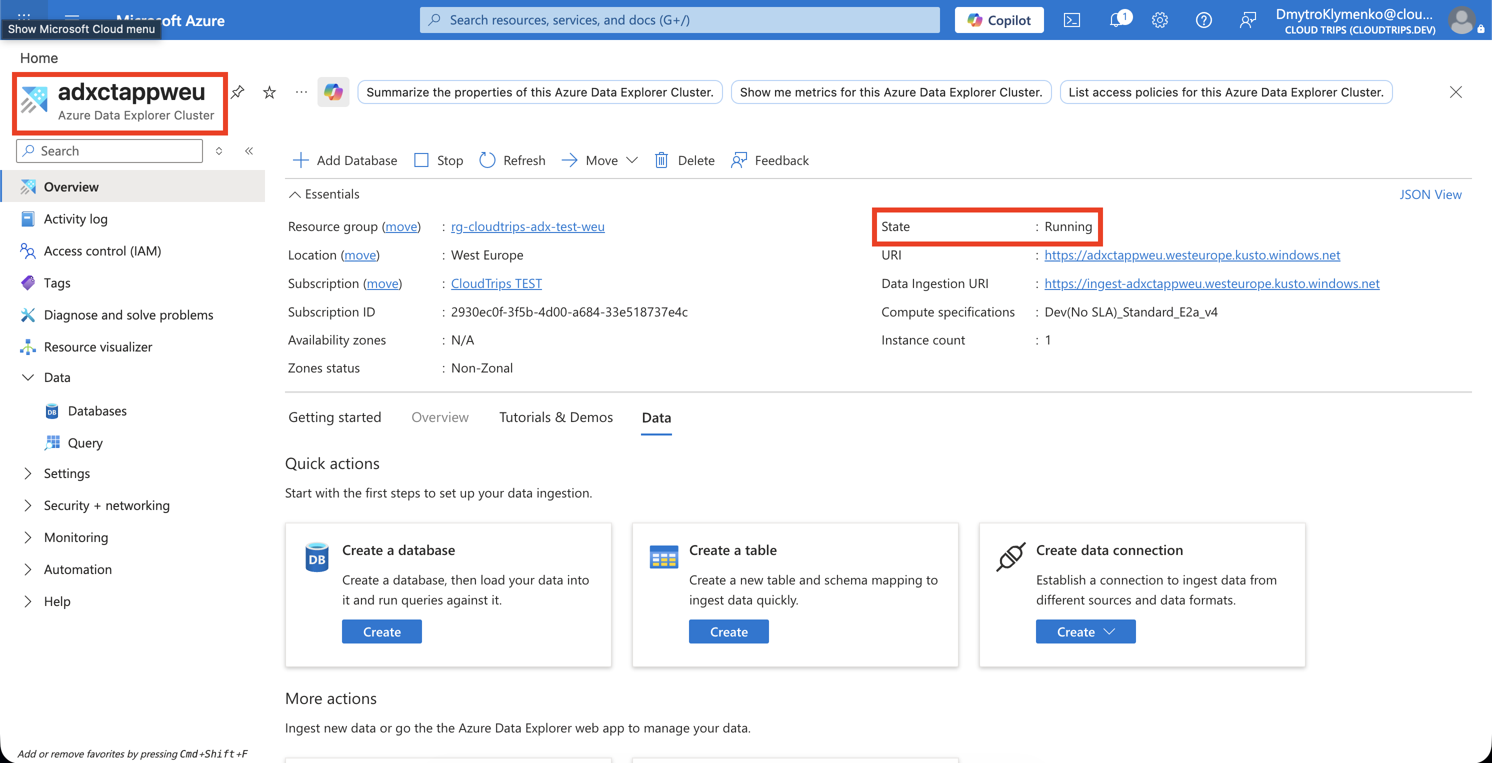 Azure Data Explorer cluster adxctappweu running with database telemetry listed