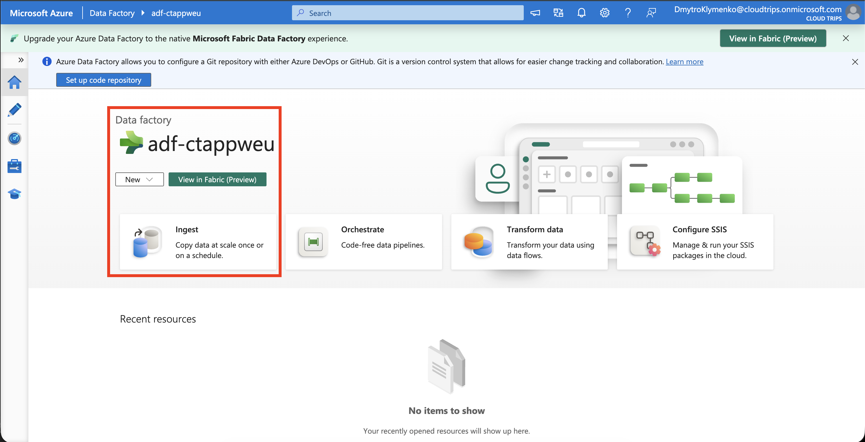 Azure Data Factory Studio mit adf-ctappweu und der Kachel Ingest