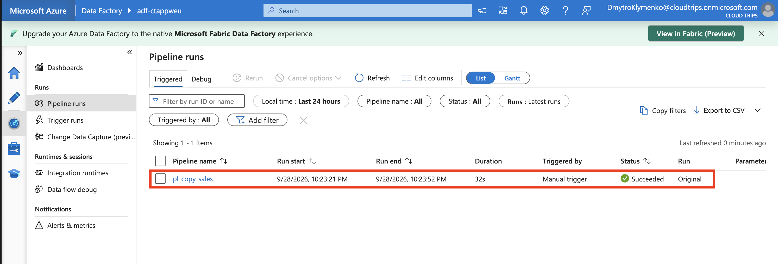 Data Factory Monitor mit pl_copy_sales Succeeded und Kopierdetails für eine Datei