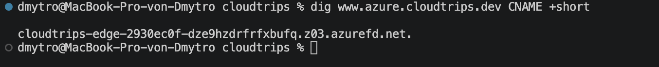 Local terminal showing the Vercel child-zone delegation and www CNAME resolving through Azure DNS to Front Door