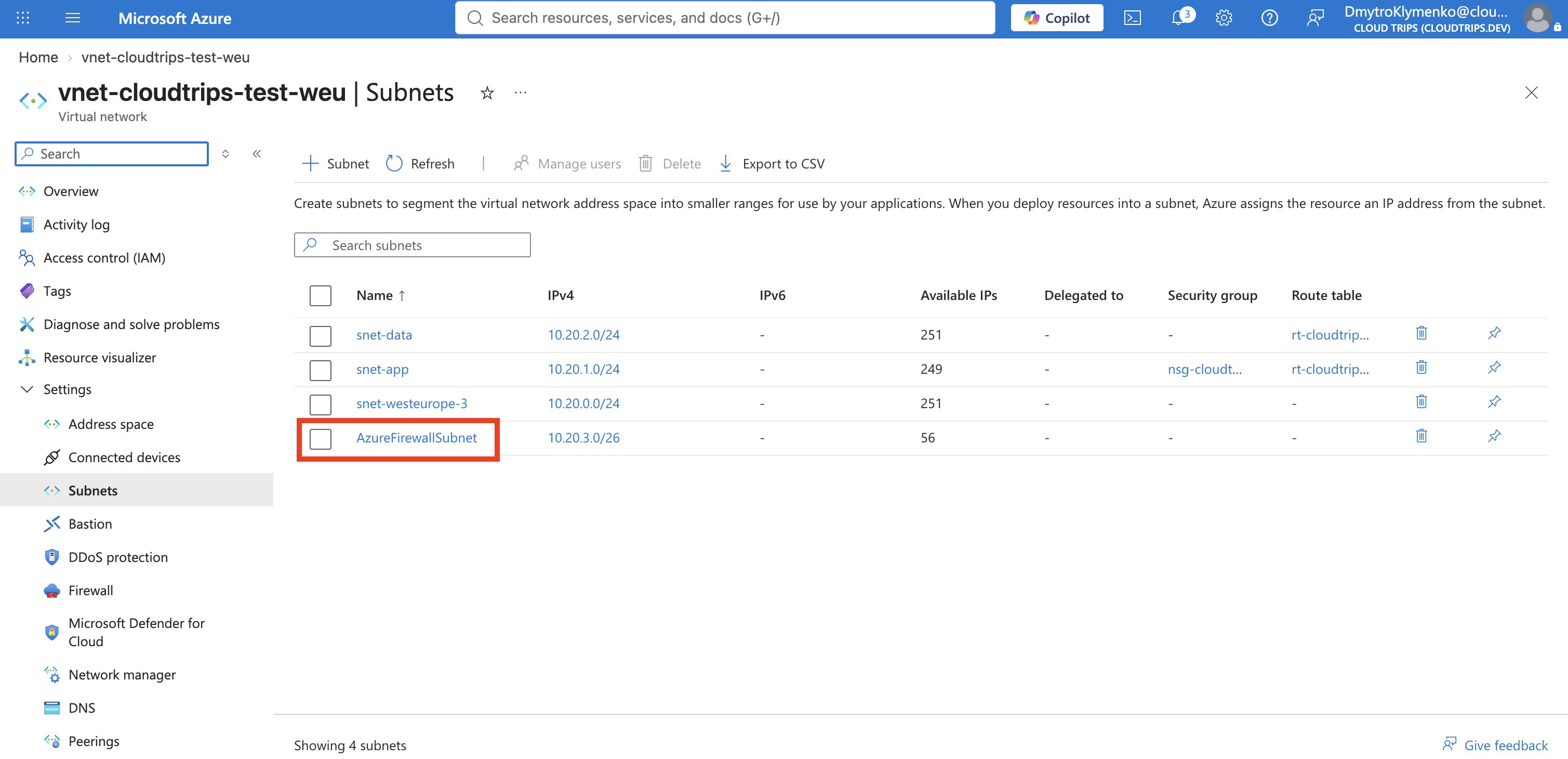 CloudTrips VNet Subnets page showing the dedicated AzureFirewallSubnet at 10.20.3.0/26