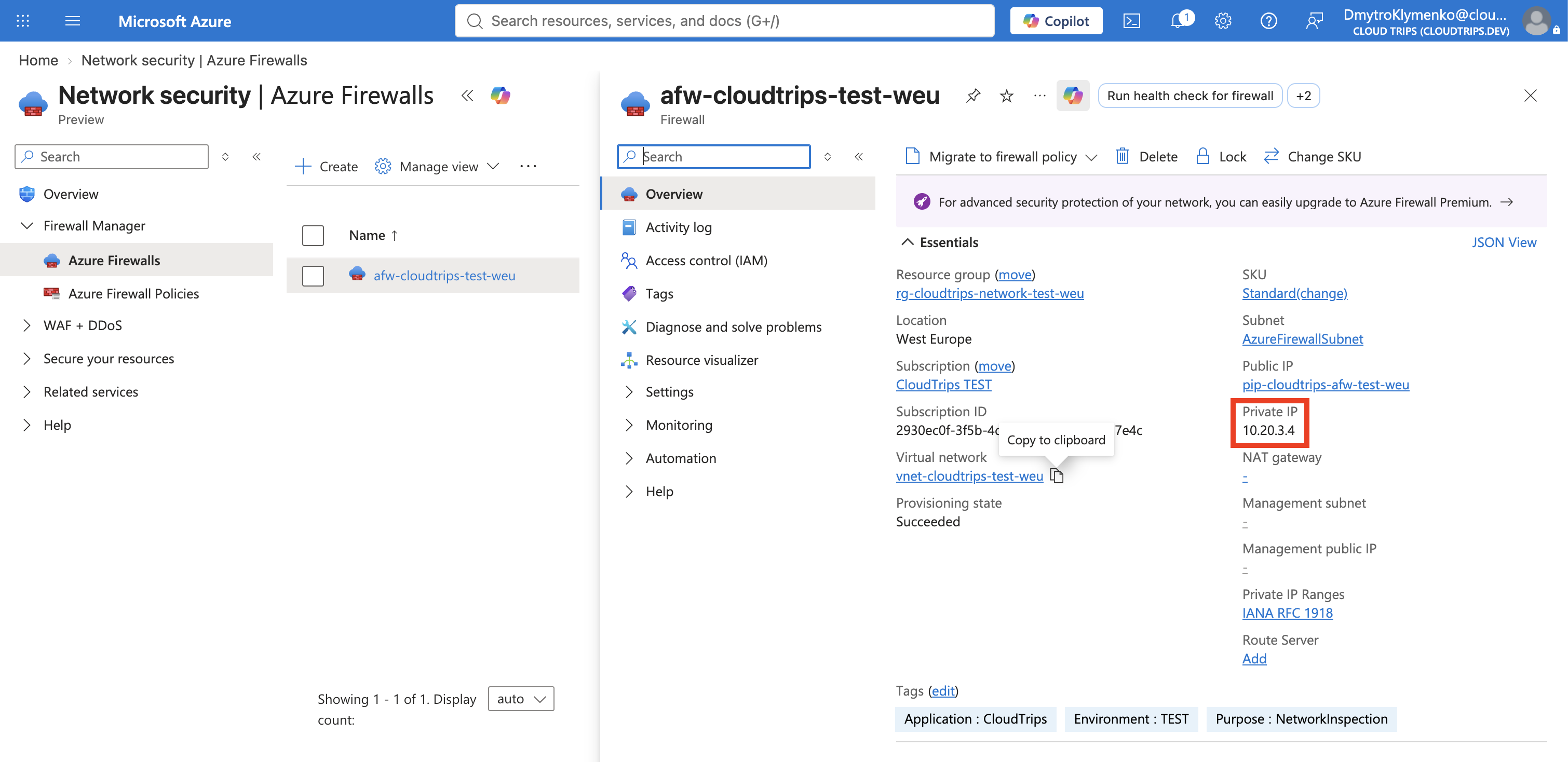 Azure Firewall overview showing Succeeded state and its private and public IP configurations