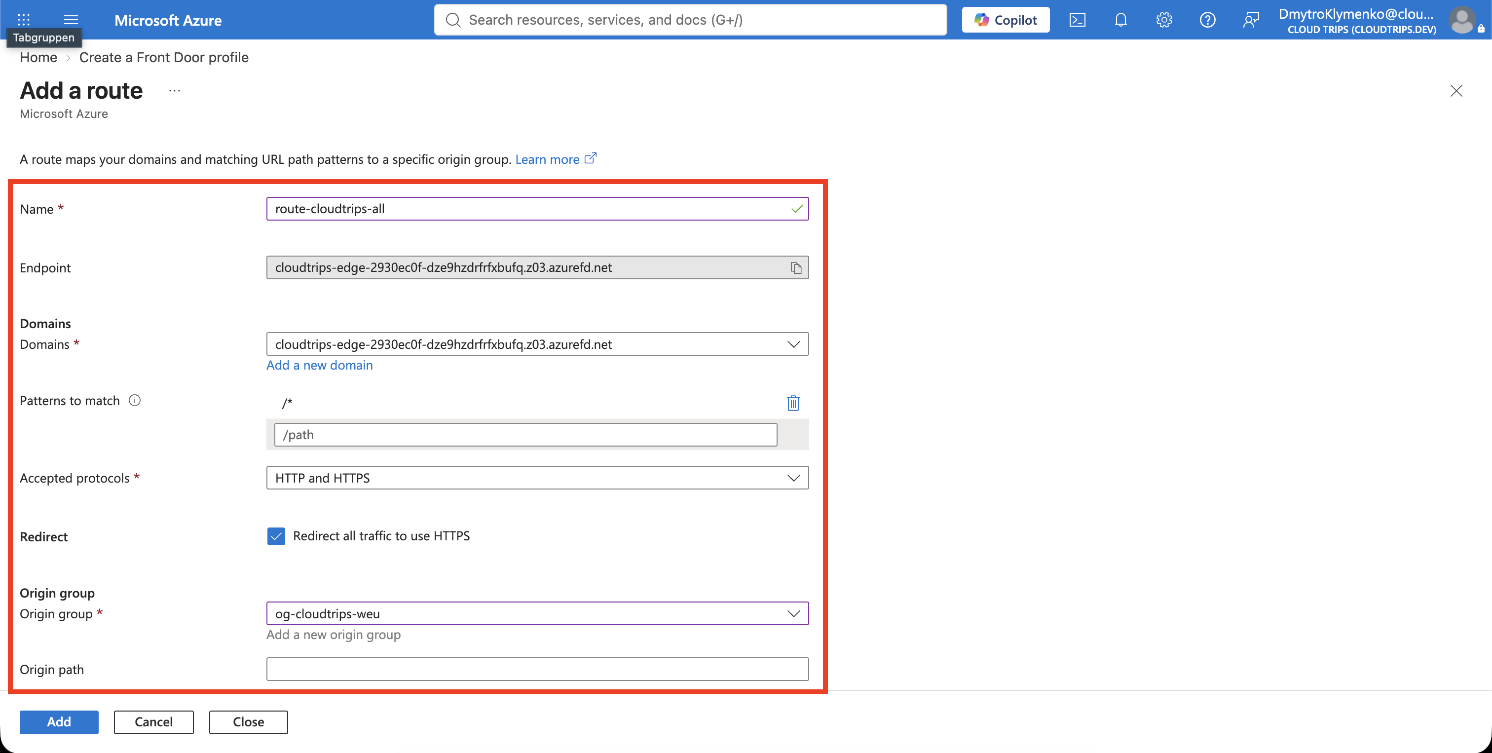 Azure Front Door custom-create page showing the CloudTrips endpoint, catch-all route, and West Europe Application Gateway origin group