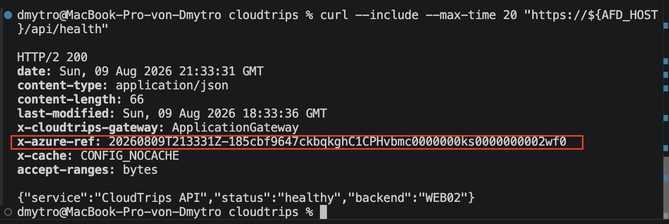 Local terminal showing HTTP redirecting to HTTPS and the CloudTrips API succeeding through Azure Front Door and Application Gateway