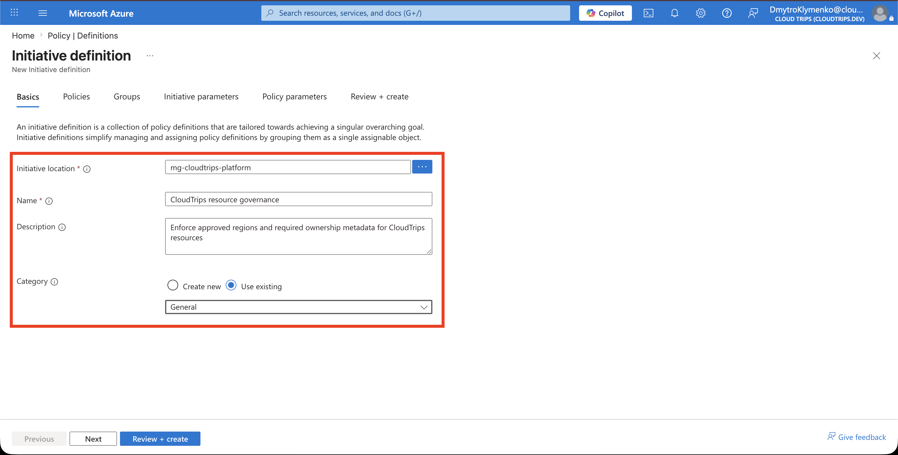 Neue Initiativendefinition für Azure subscription 1