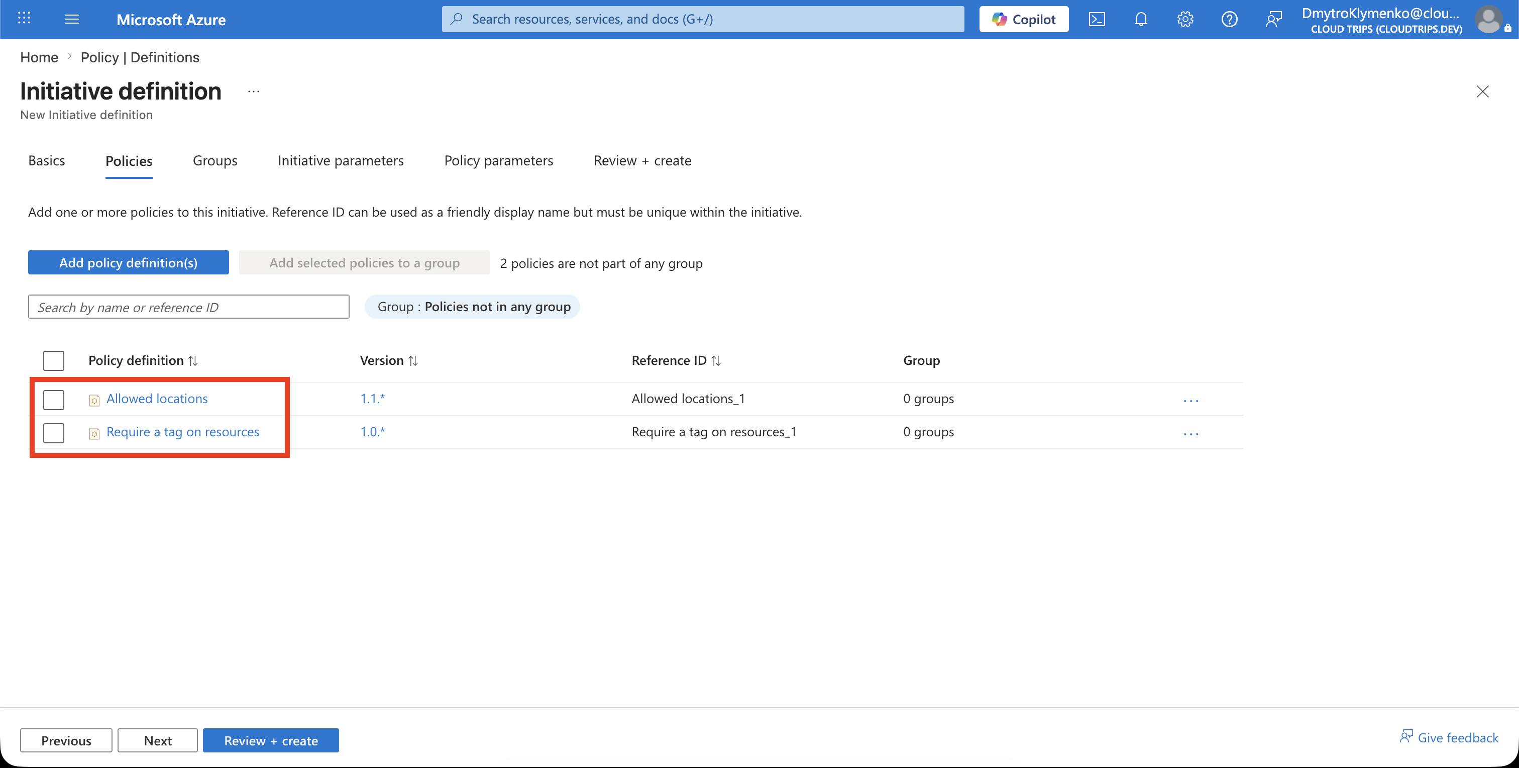 CloudTrips-Initiative mit Allowed locations und Require a tag on resources