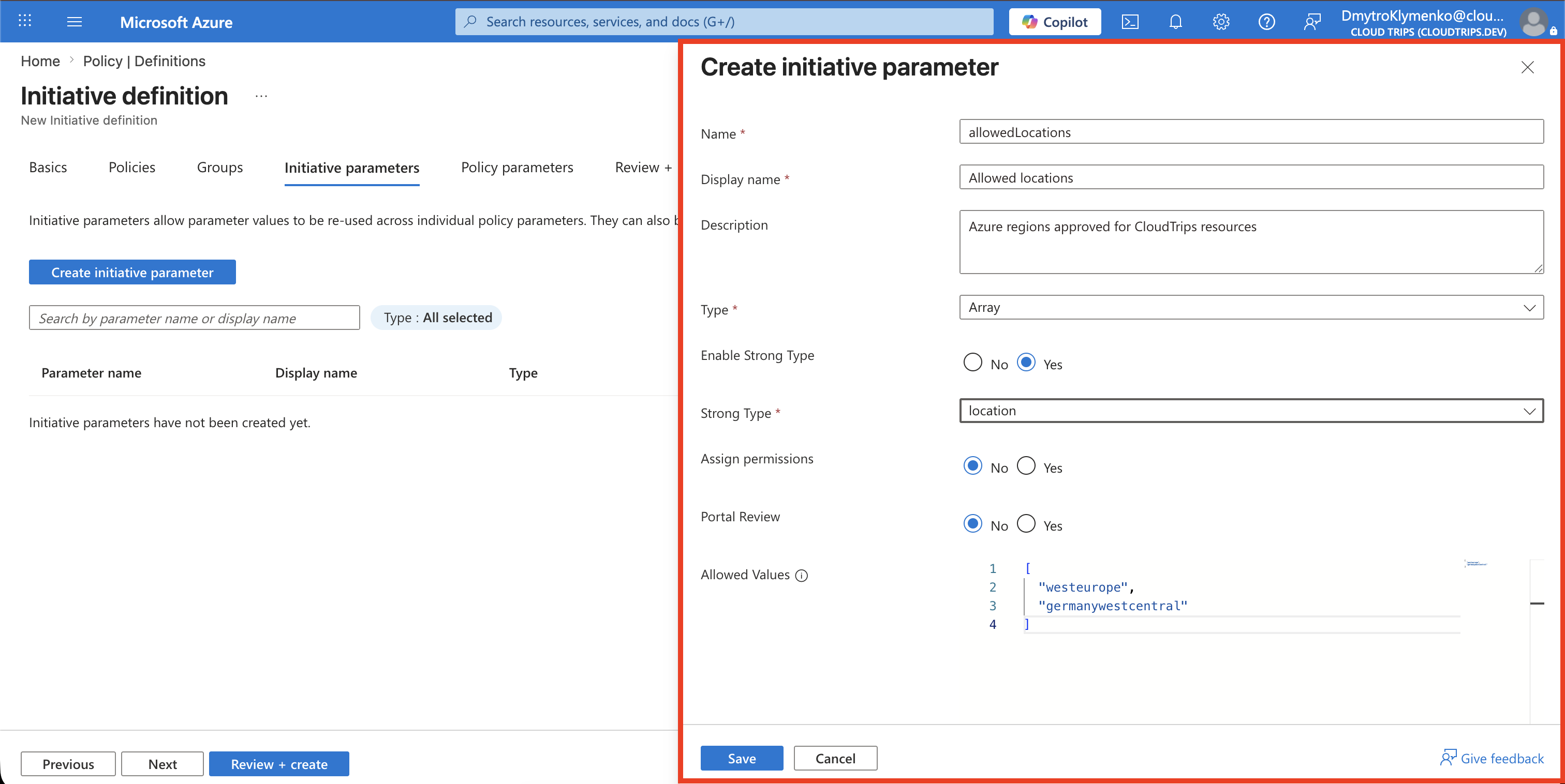 Initiativenparameter Allowed locations mit den genehmigten Azure-Regionen