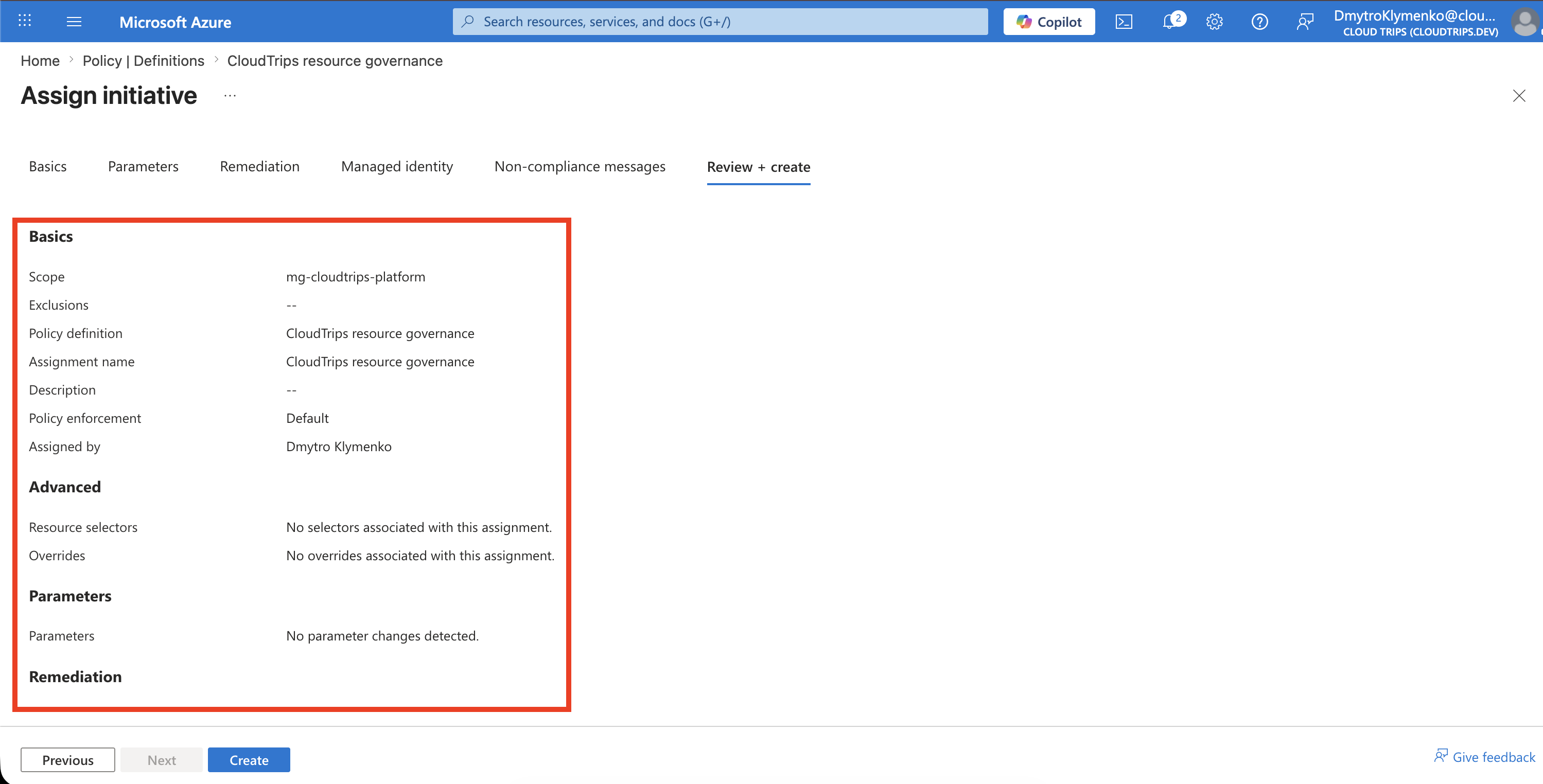 Zuweisung der CloudTrips-resource-governance-Initiative bereit zum Erstellen