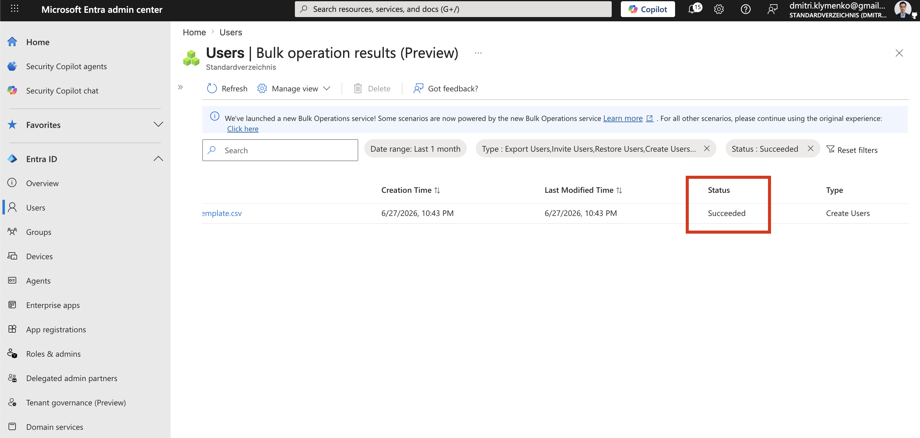 Microsoft Entra bulk operation results page showing execution summary and per-user status