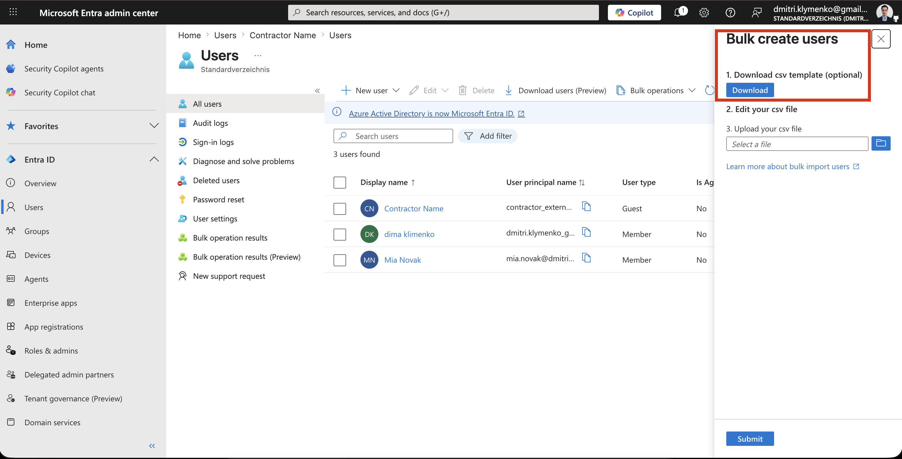 Microsoft Entra bulk create users page showing the Download CSV template button