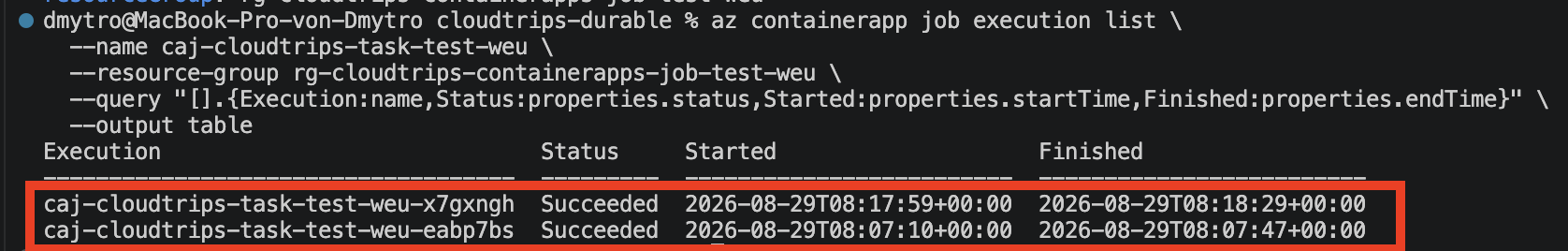 Terminal listing multiple Container Apps Job executions with their status, start time, and finish time