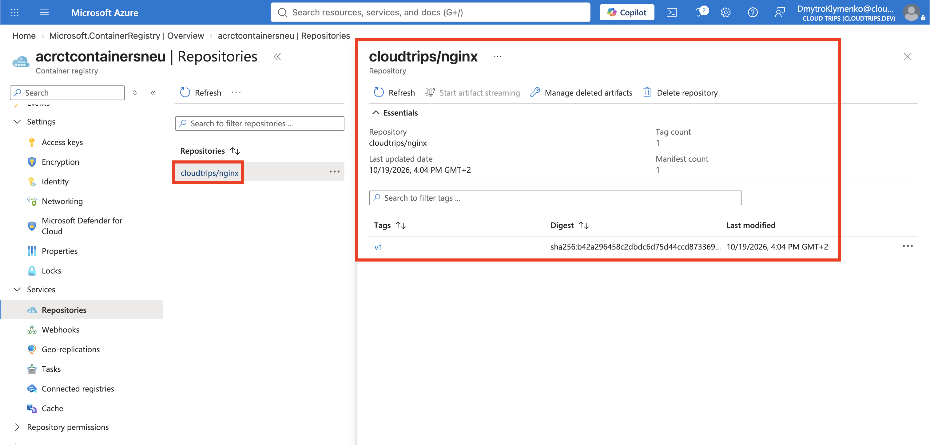 Repository cloudtrips/nginx in ACR mit dem Tag v1 und dem Image-Digest.