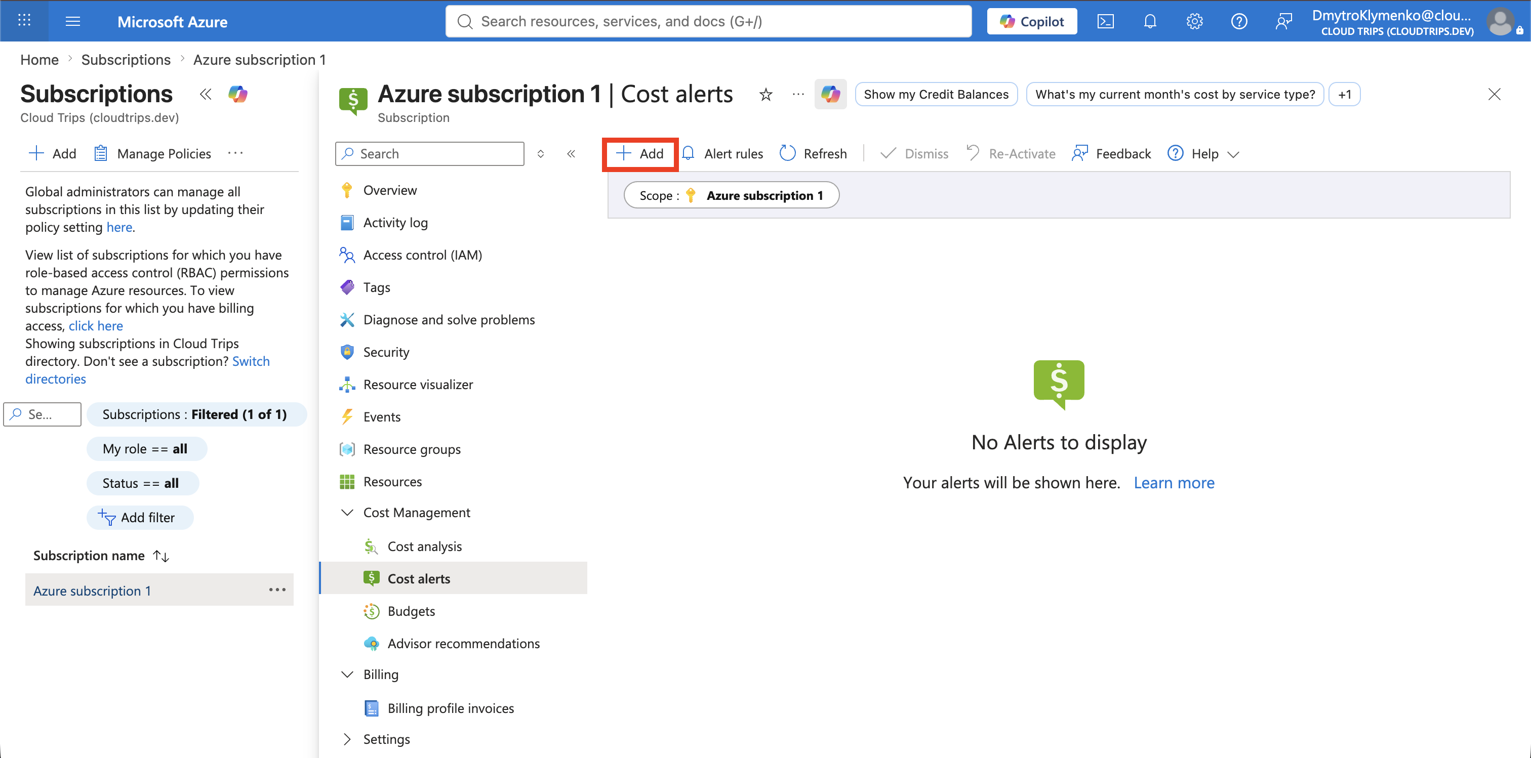 Cost alerts page for Azure subscription 1 with the Add action available