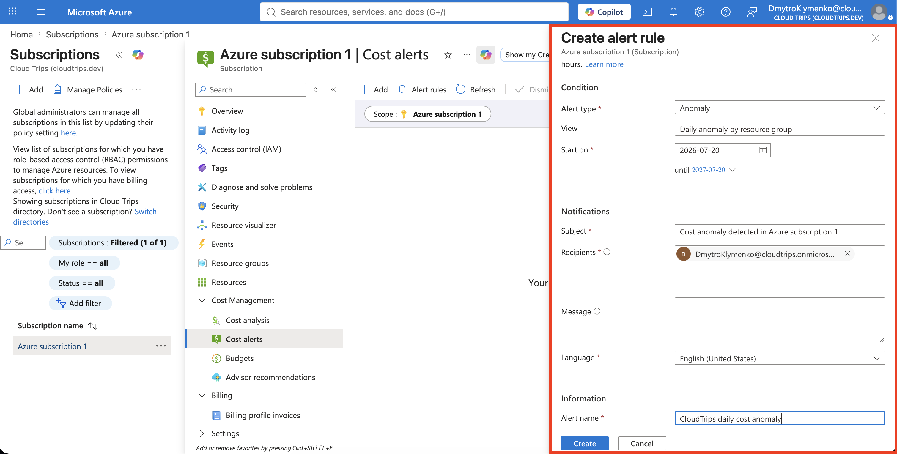 Create alert rule form configured for a CloudTrips cost anomaly email