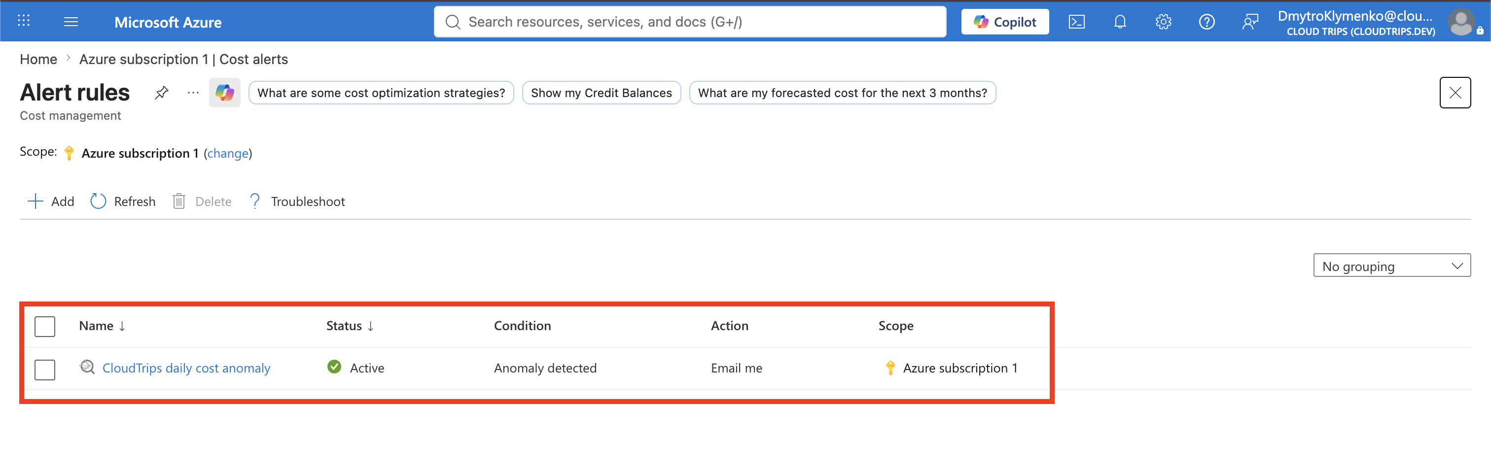 Alert rules page showing the enabled CloudTrips daily cost anomaly rule
