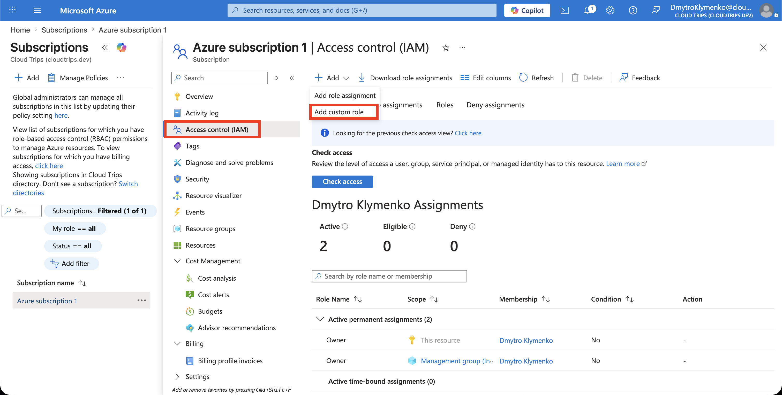 Registerkarte Roles in Access control IAM des Azure-Abonnements mit verfügbarer Aktion Add custom role