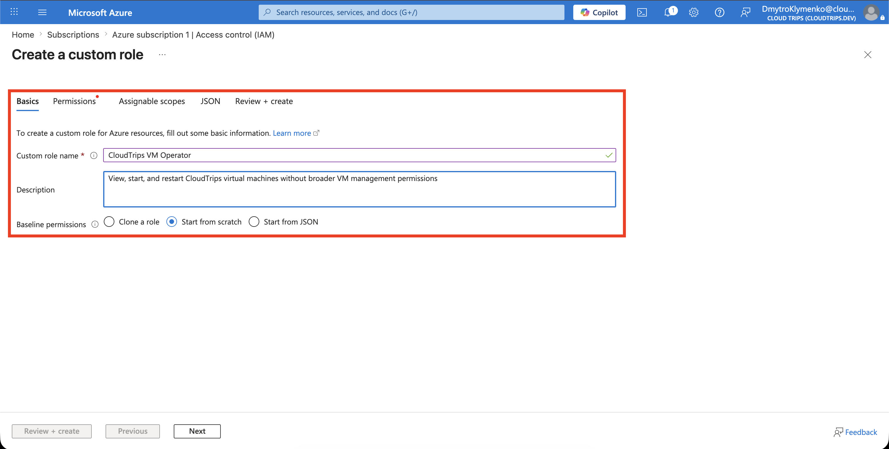 Registerkarte Basics der Custom Role mit Name und Beschreibung für CloudTrips VM Operator
