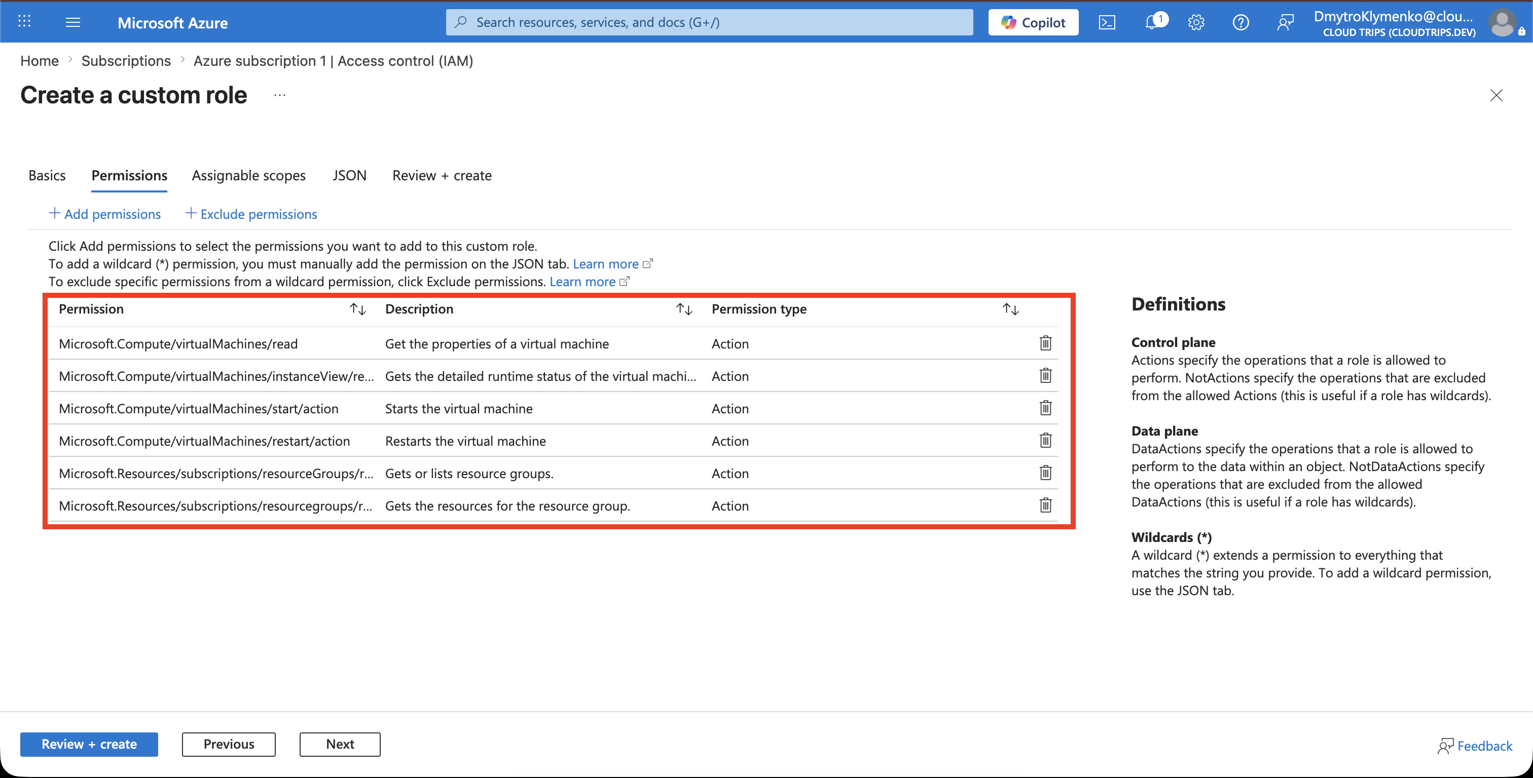 Registerkarte Permissions mit ausschließlich VM Read, Instance View, Start, Restart und Ressourcengruppen-Leseberechtigungen
