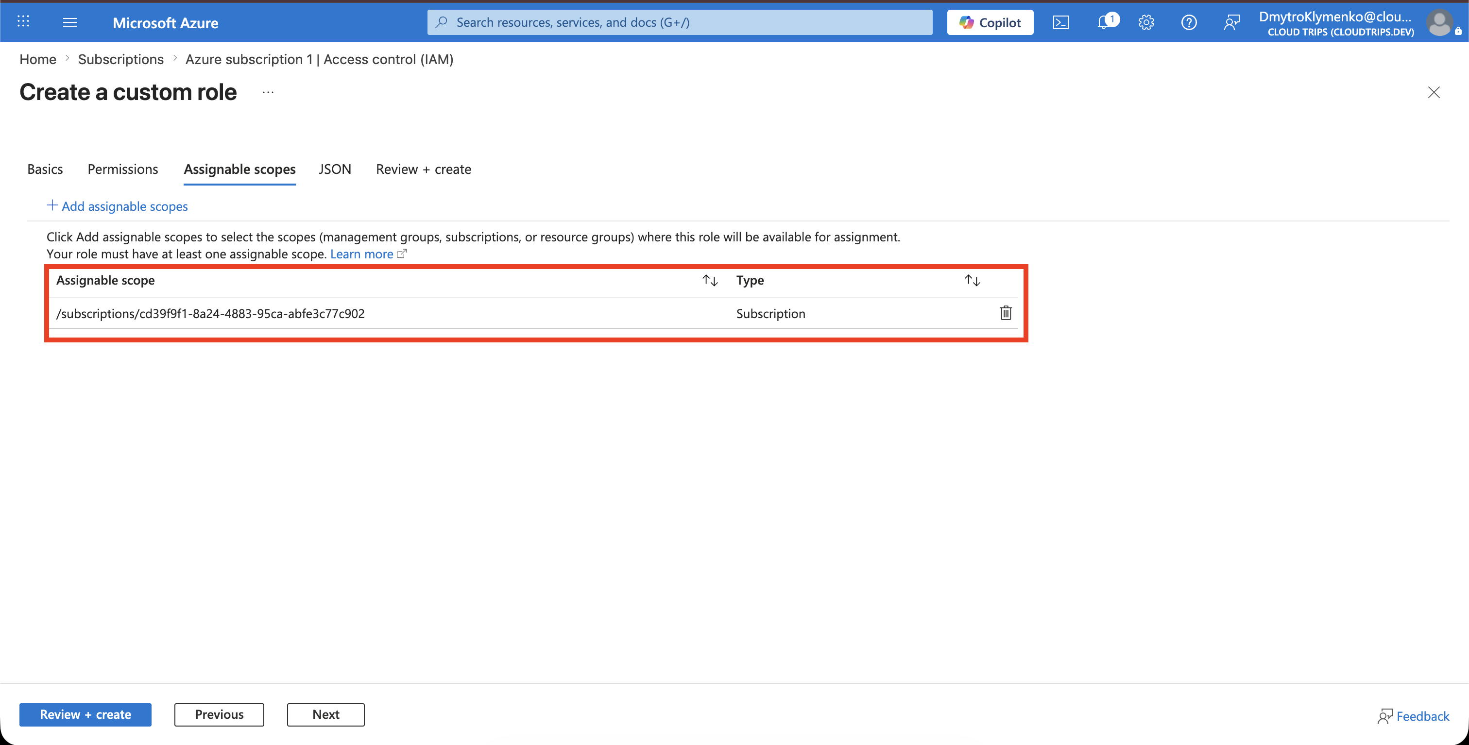 Registerkarte Assignable scopes der Custom Role mit Azure subscription 1