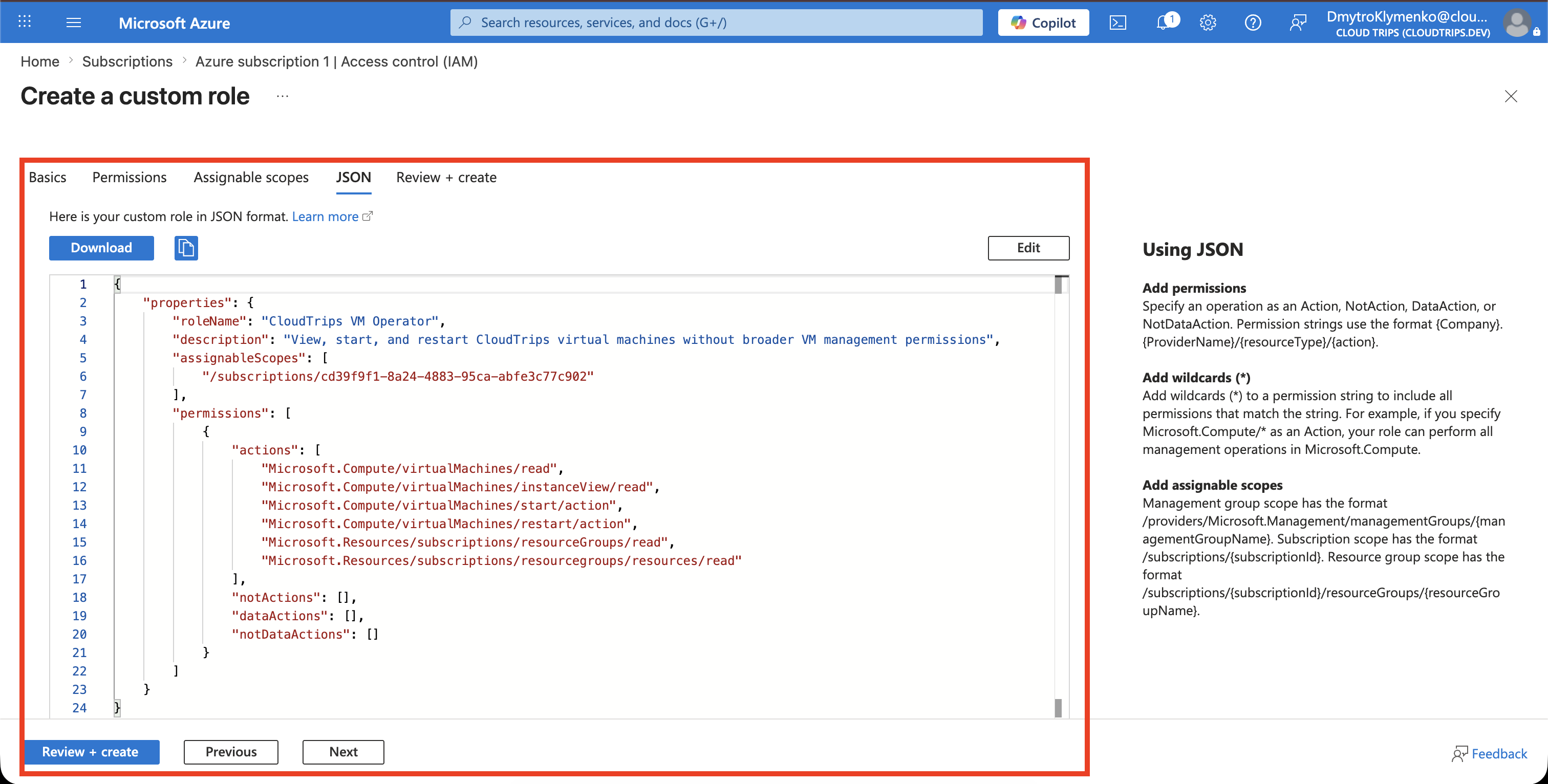 Registerkarte JSON der Custom Role mit Berechtigungen und zuweisbarem Abonnementbereich