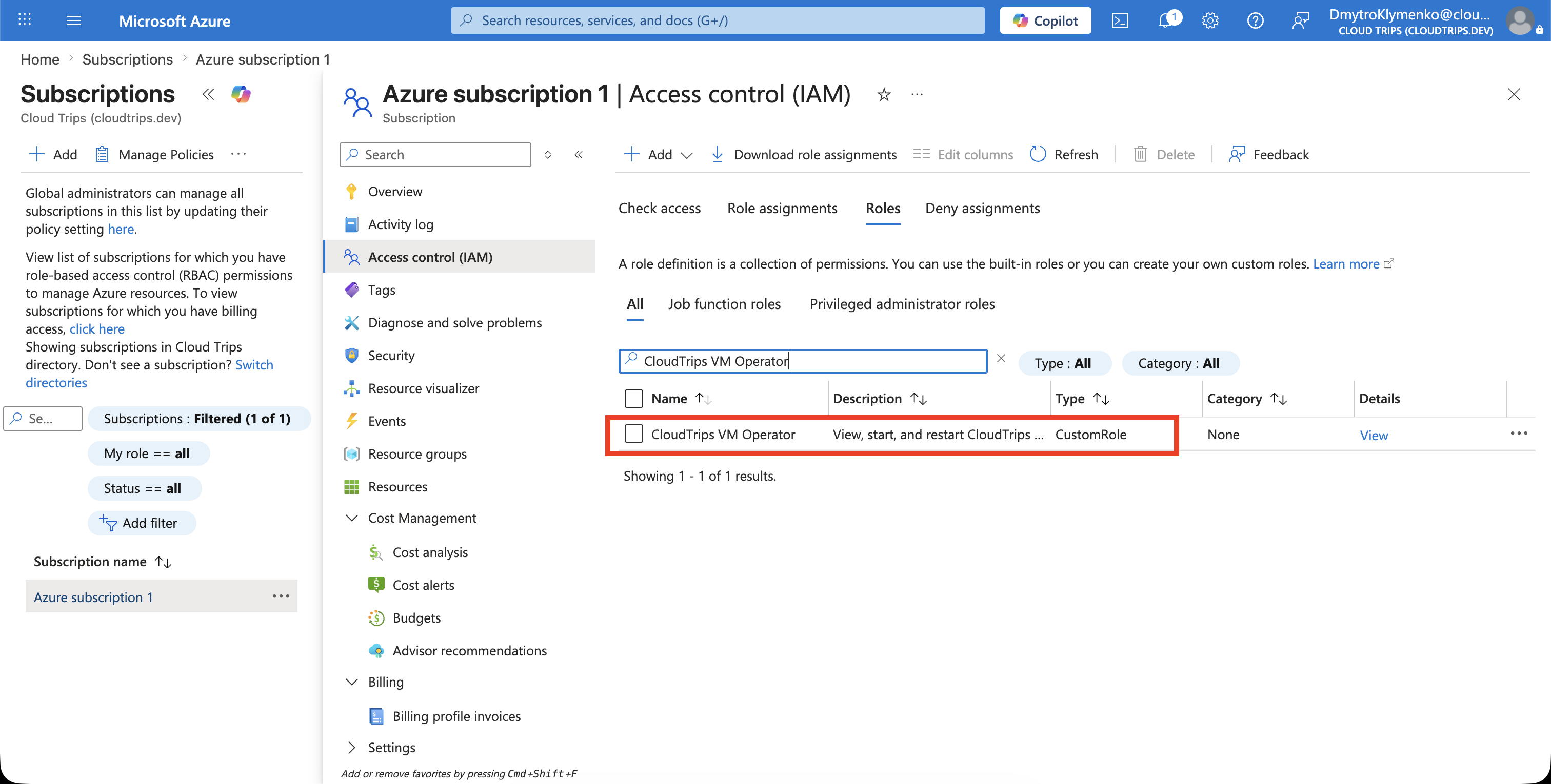Azure-Rollenliste mit der Custom Role CloudTrips VM Operator